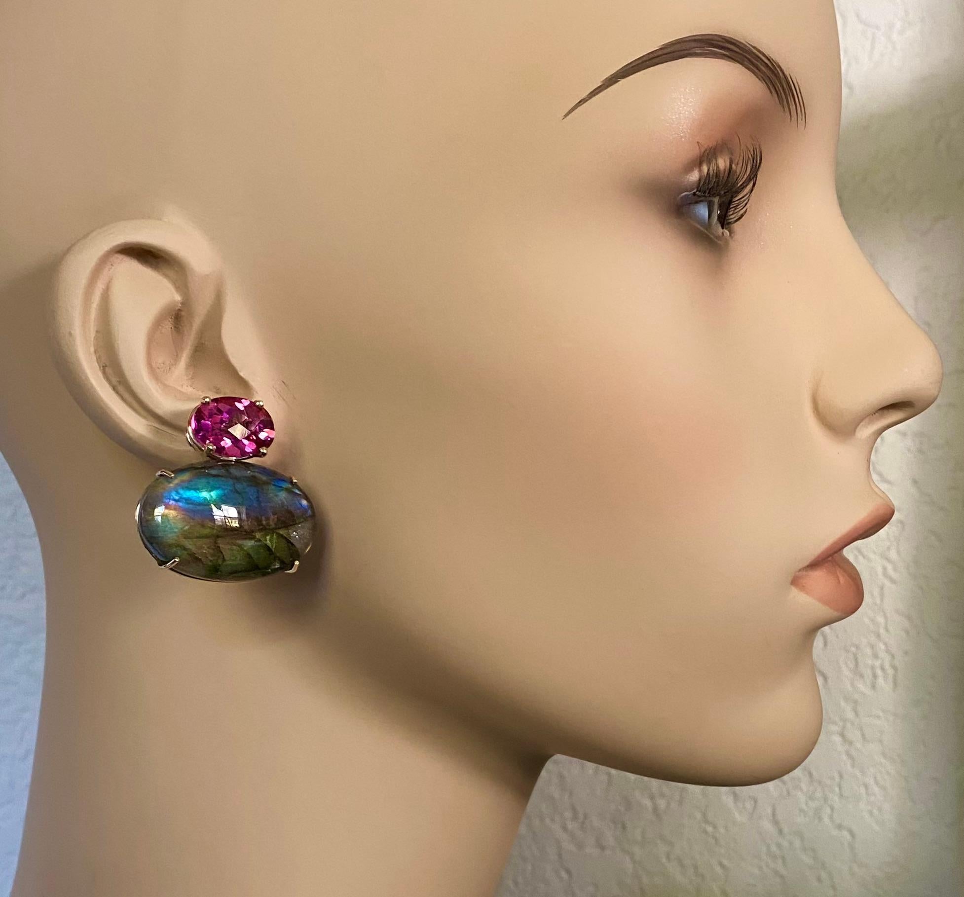 Michael Kneebone Labradorite Pink Topaz Due Gemma Drop Earrings For Sale 2