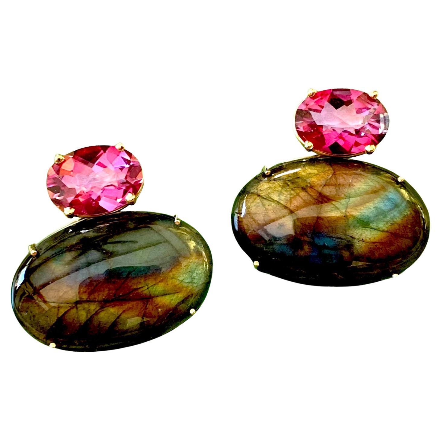 Michael Kneebone Labradorite Pink Topaz Due Gemma Drop Earrings For Sale