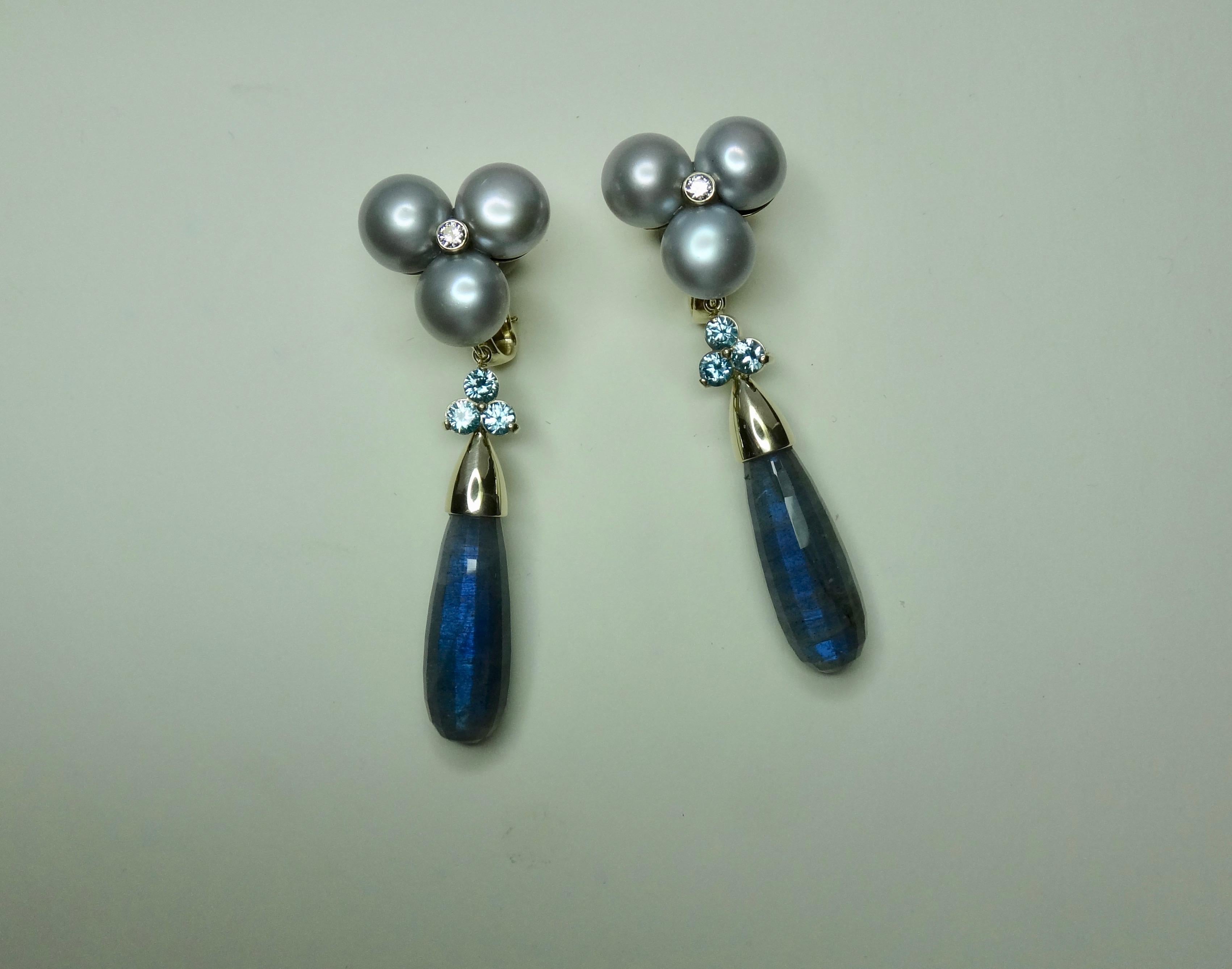 Michael Kneebone Labradorite Zircon Gray Pearl Diamond Dangle Earrings 2