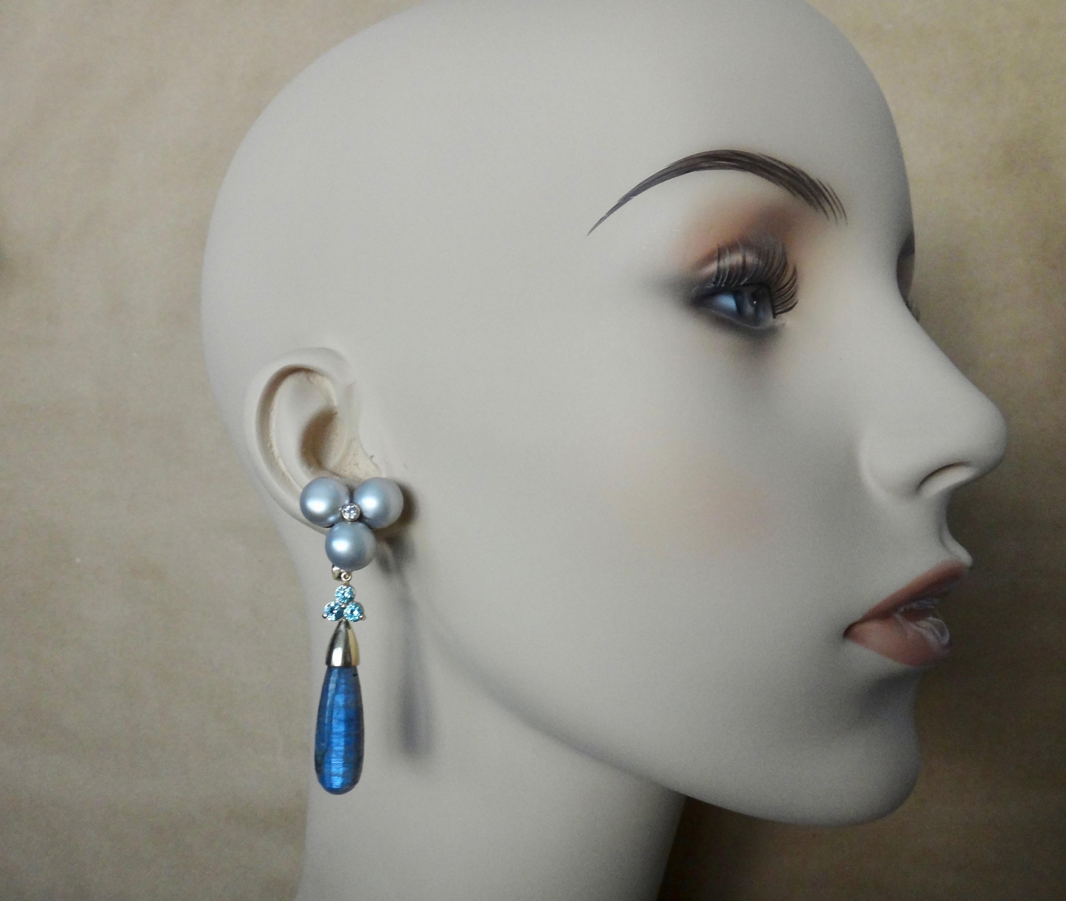 Michael Kneebone Labradorite Zircon Gray Pearl Diamond Dangle Earrings 4
