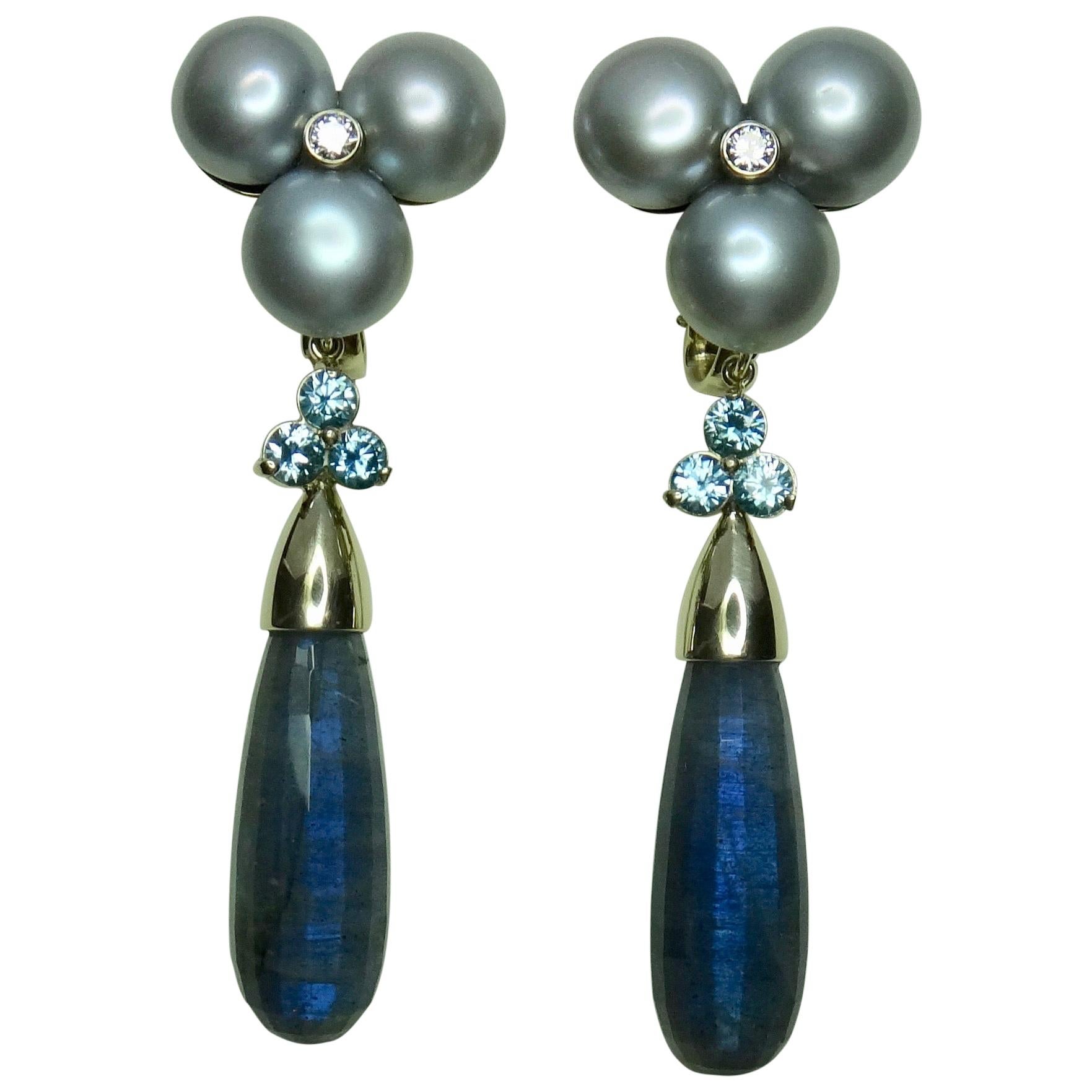 Michael Kneebone Labradorite Zircon Gray Pearl Diamond Dangle Earrings