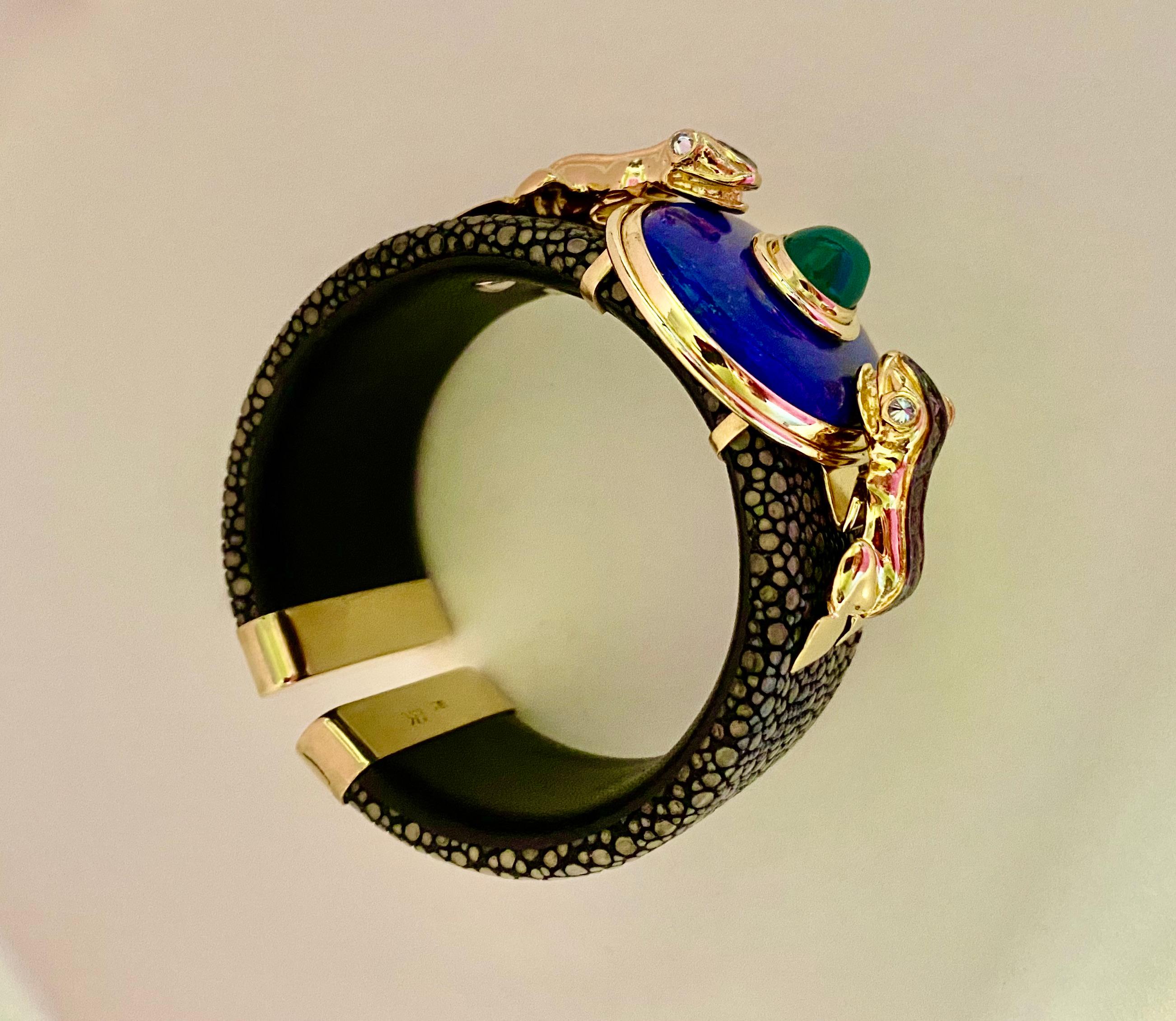 Contemporary Michael Kneebone Lapis Emerald Diamond Stringray Inca Frog Cuff Bracelet