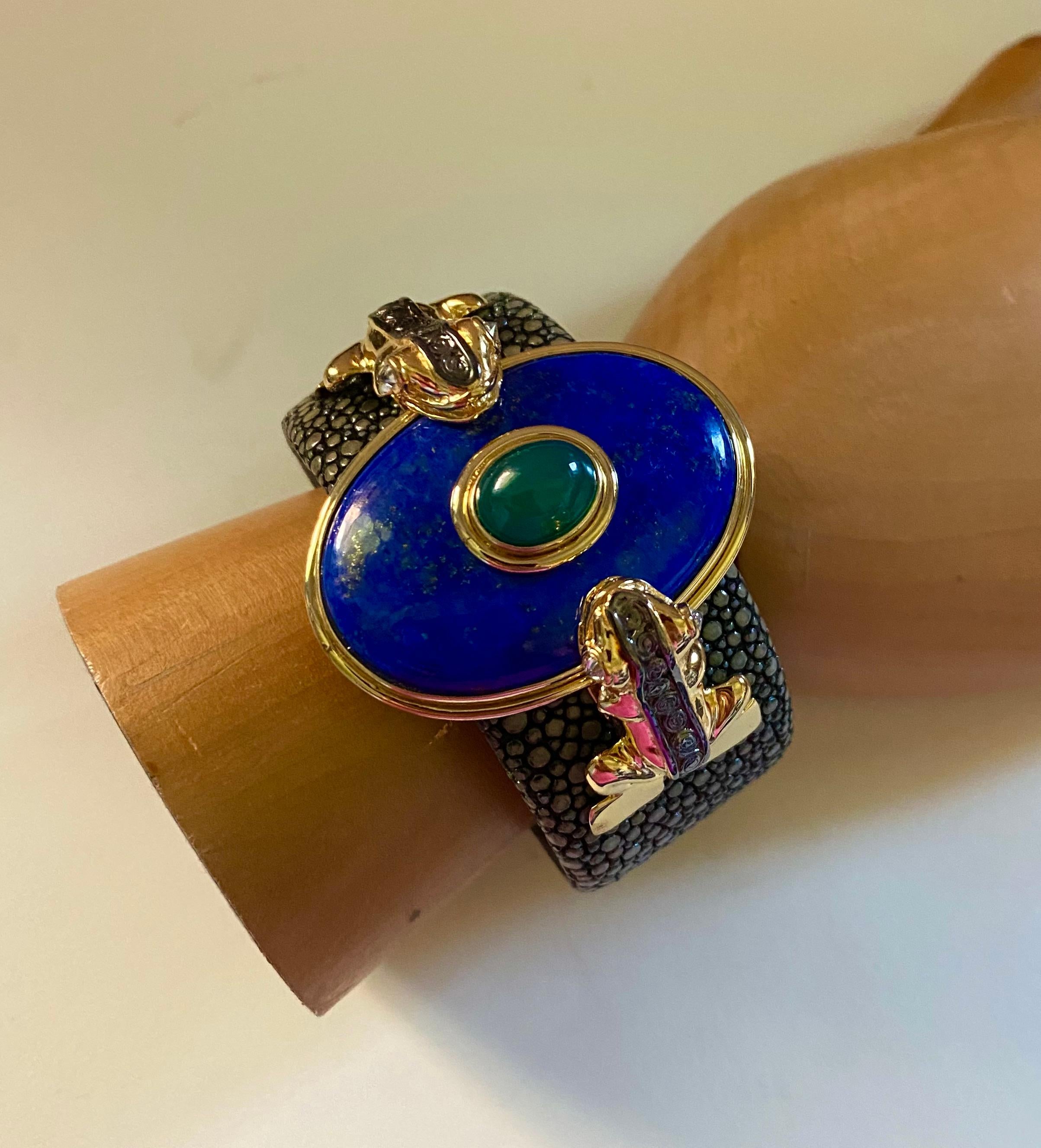 Mixed Cut Michael Kneebone Lapis Emerald Diamond Stringray Inca Frog Cuff Bracelet