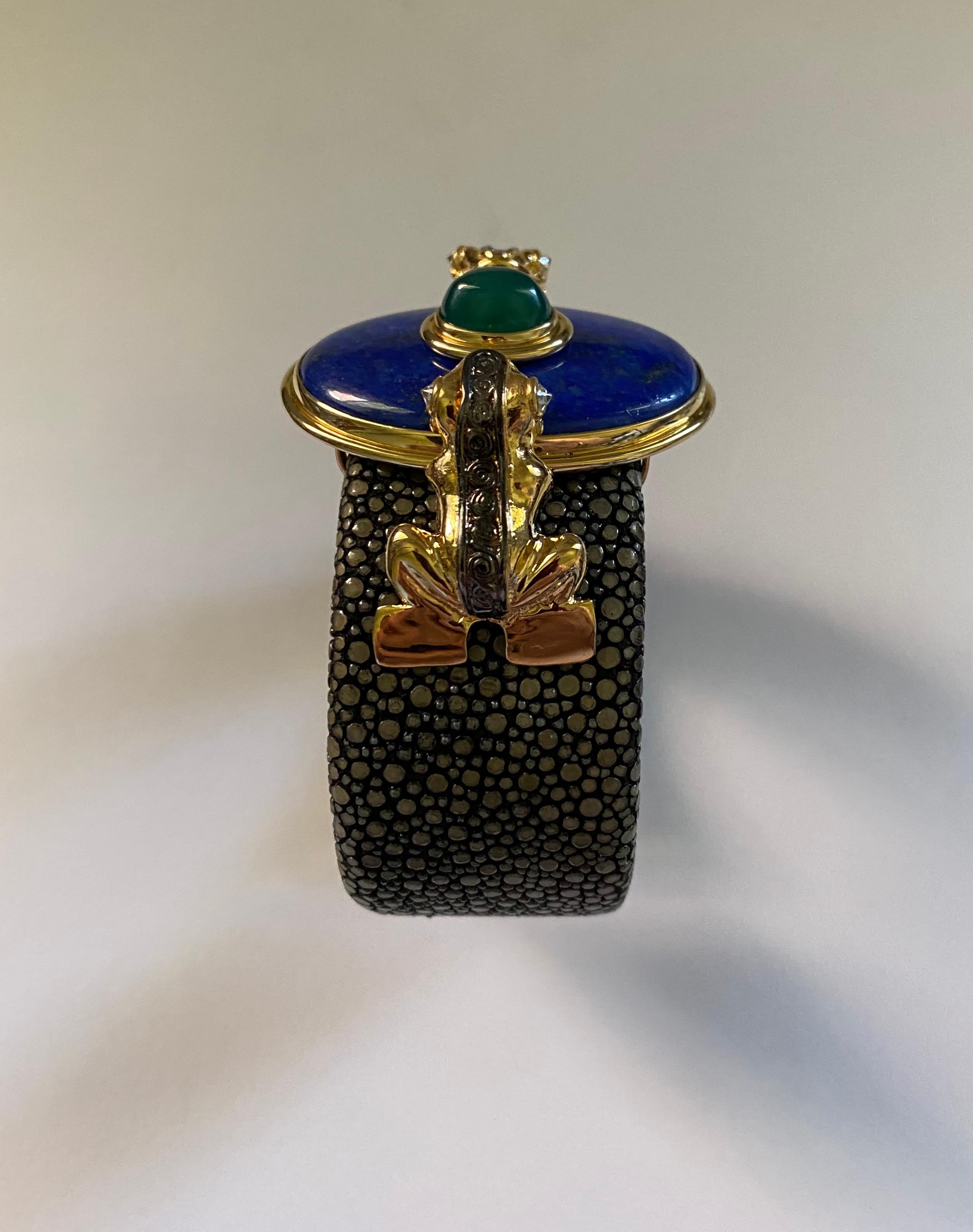 Michael Kneebone Lapis Emerald Diamond Stringray Inca Frog Cuff Bracelet In New Condition In Austin, TX