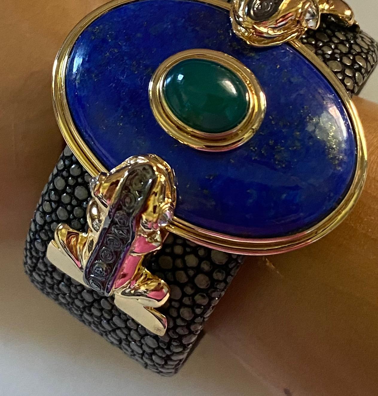 Women's or Men's Michael Kneebone Lapis Emerald Diamond Stringray Inca Frog Cuff Bracelet