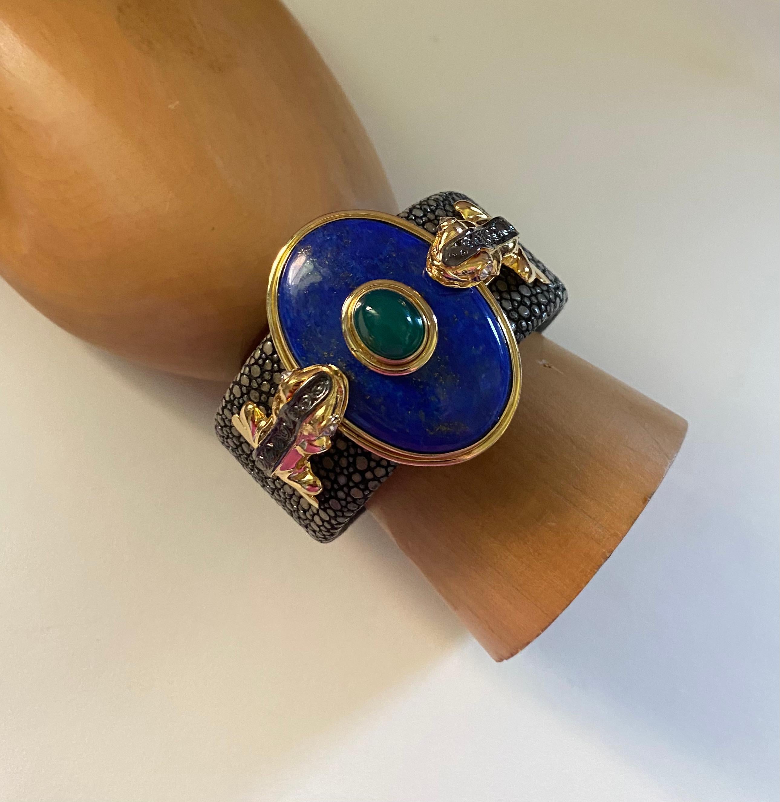 Michael Kneebone Lapis Emerald Diamond Stringray Inca Frog Cuff Bracelet 2