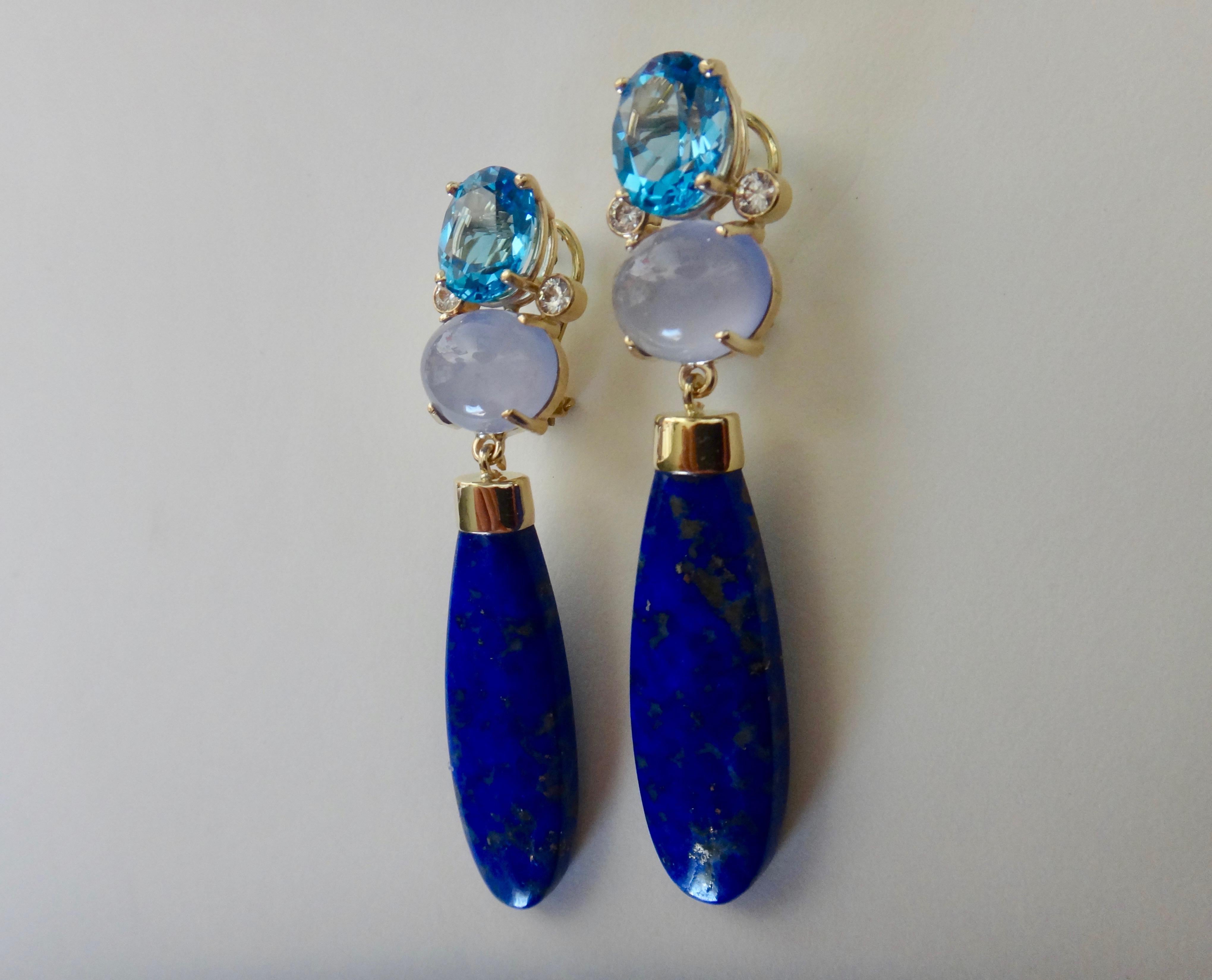 Contemporary Michael Kneebone Lapis Lazuli Blue Topaz Chalcedony Diamond Dangle Earrings