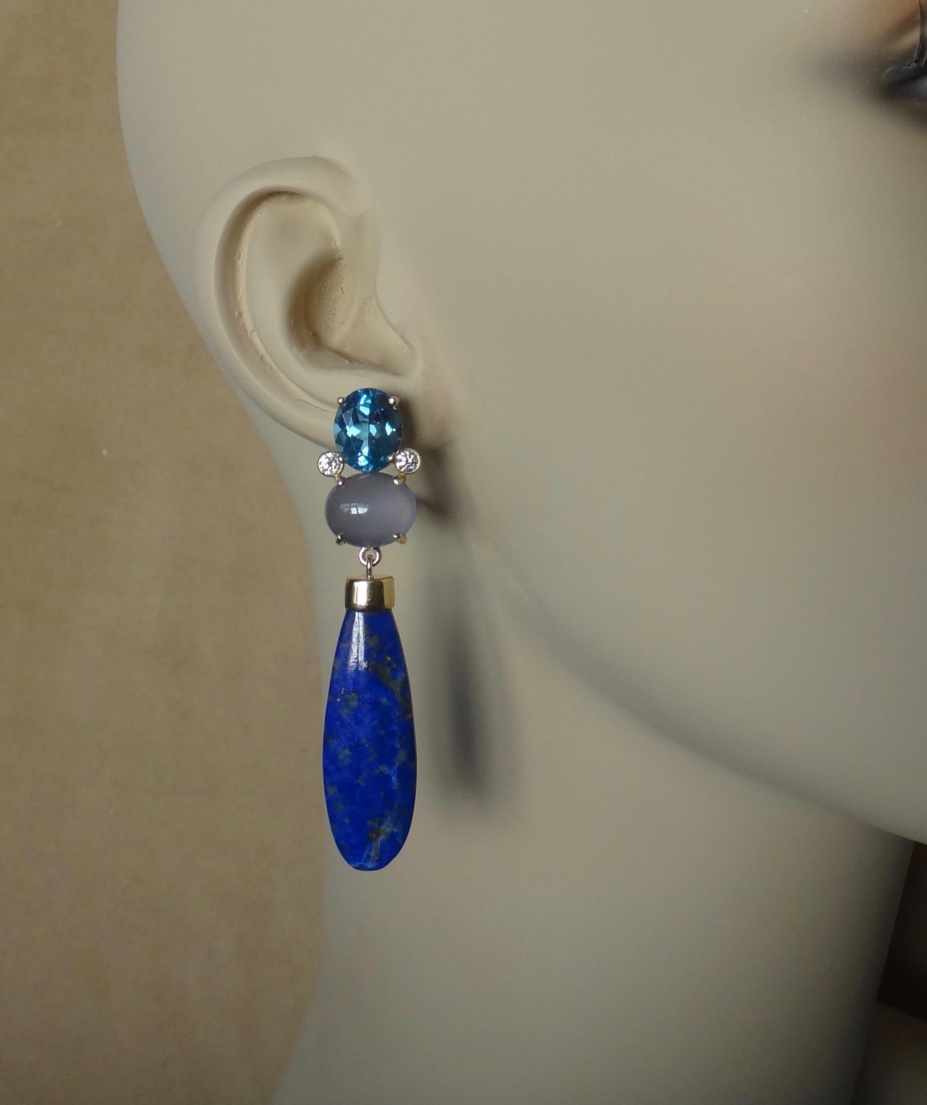 Michael Kneebone Lapis Lazuli Blue Topaz Chalcedony Diamond Dangle Earrings 1