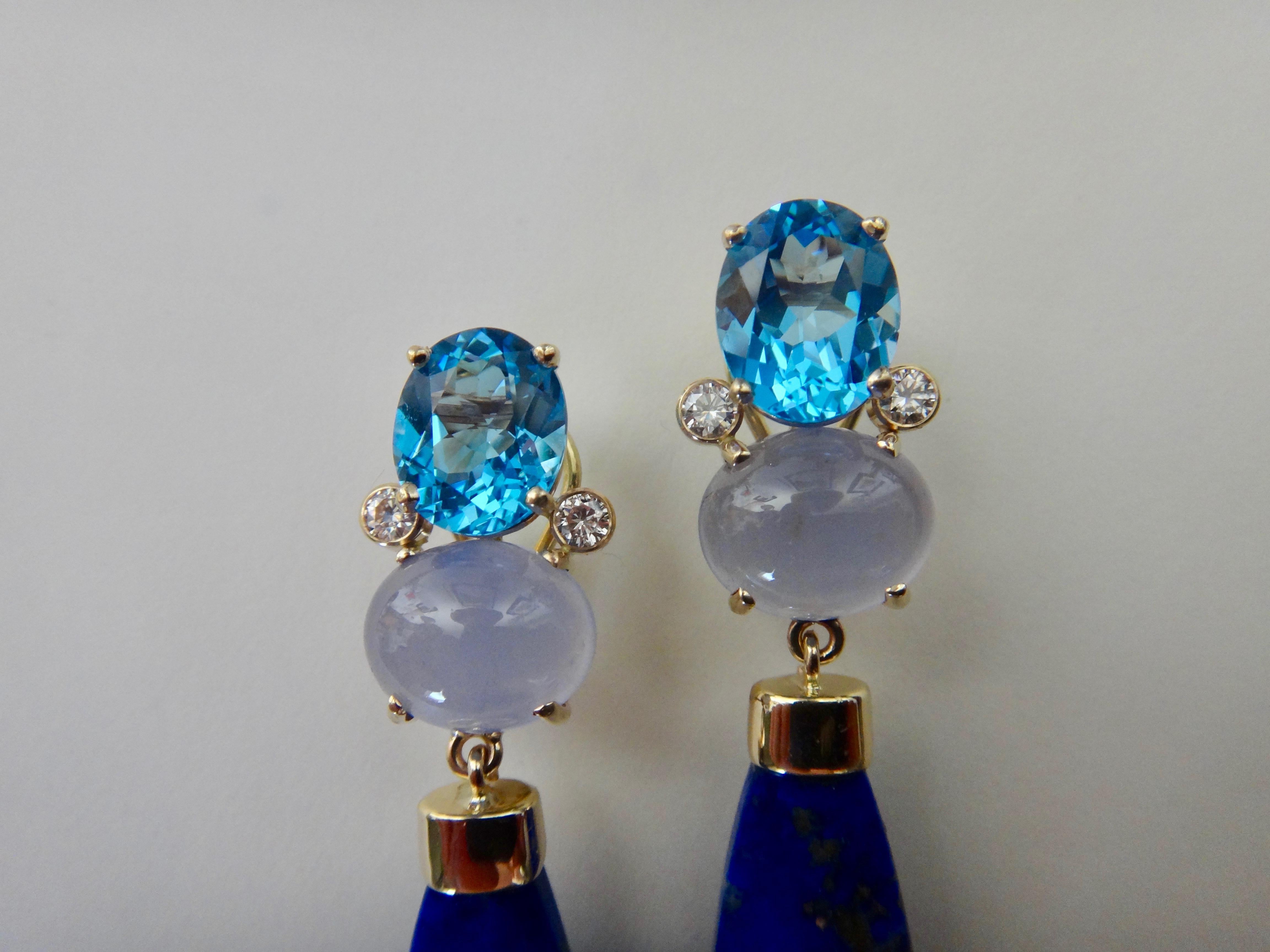 Michael Kneebone Lapis Lazuli Blue Topaz Chalcedony Diamond Dangle Earrings 2