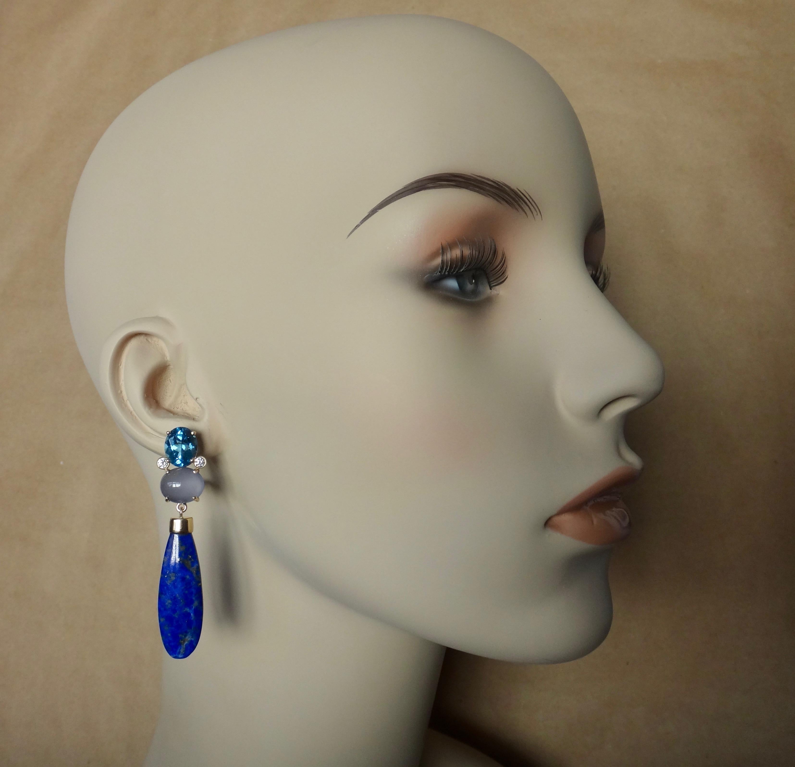 Michael Kneebone Lapis Lazuli Blue Topaz Chalcedony Diamond Dangle Earrings 3