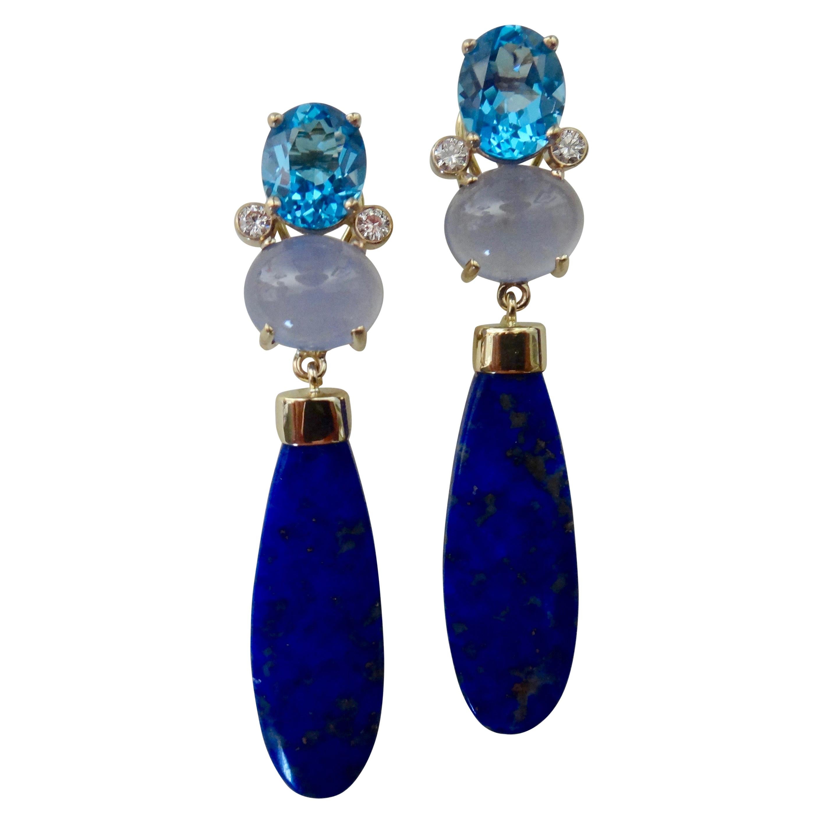 Michael Kneebone Lapis Lazuli Blue Topaz Chalcedony Diamond Dangle Earrings