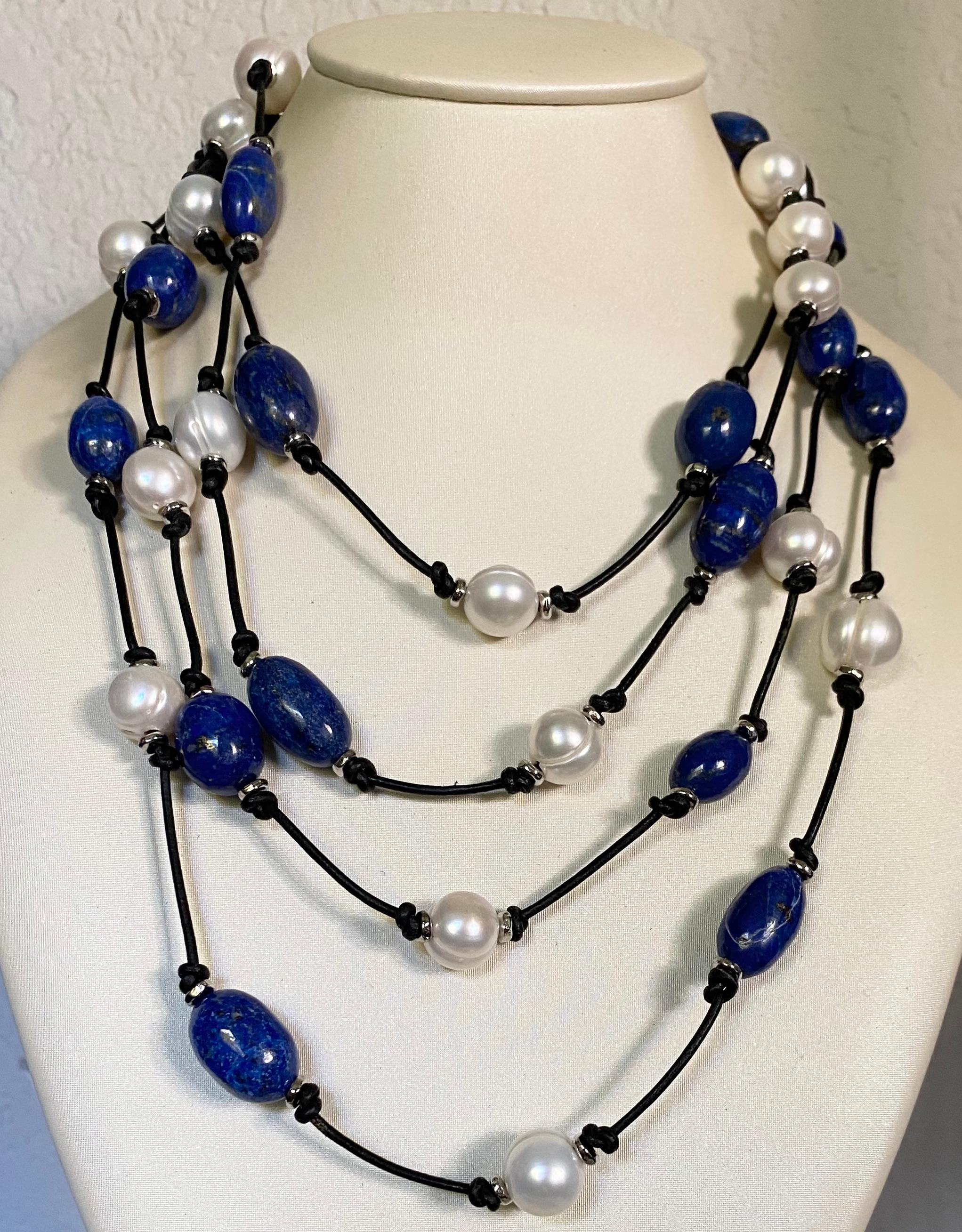Mixed Cut Michael Kneebone Lapis Lazuli Nugget White Circle' Pearl Torsade Necklace For Sale
