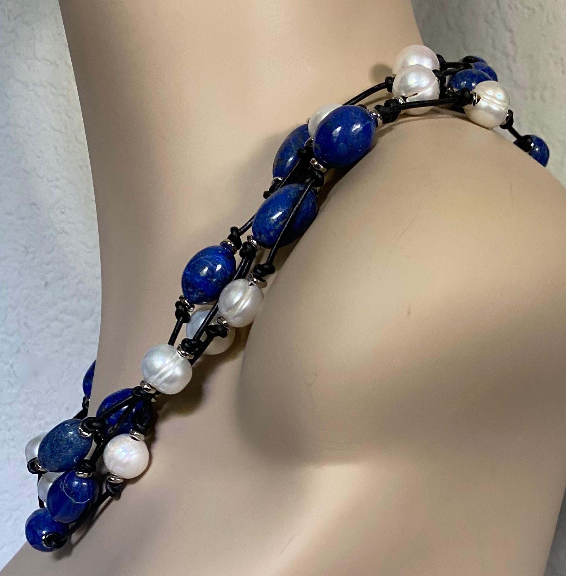 Michael Kneebone Lapis Lazuli Nugget White Circle' Pearl Torsade Necklace In New Condition For Sale In Austin, TX