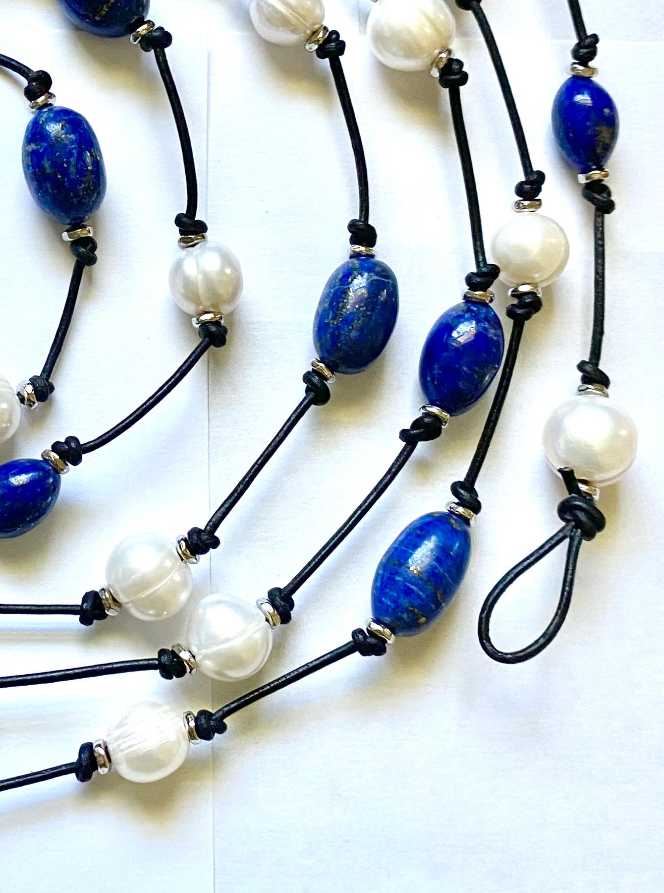 Women's or Men's Michael Kneebone Lapis Lazuli Nugget White Circle' Pearl Torsade Necklace For Sale