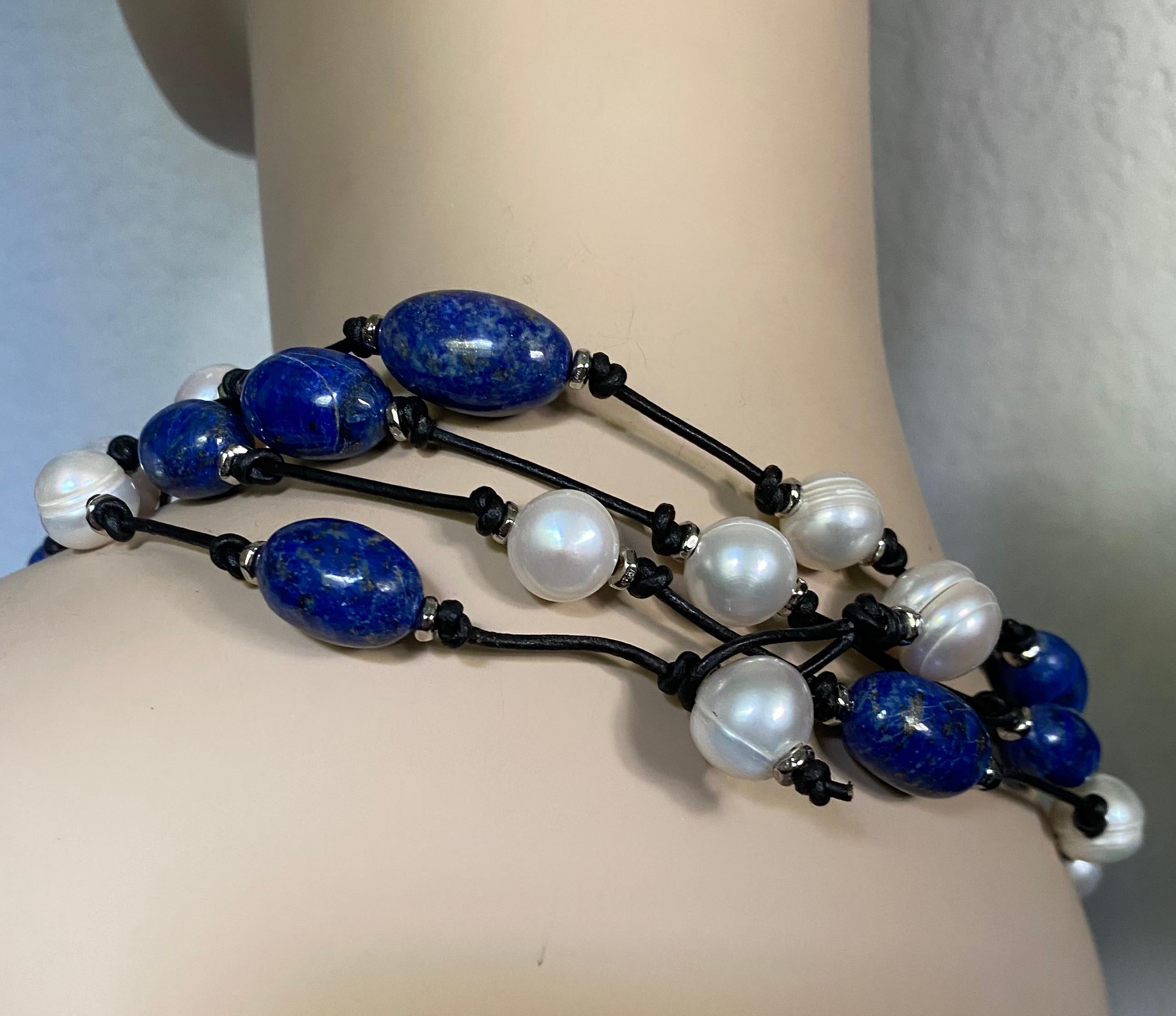 Michael Kneebone Lapis Lazuli Nugget White Circle' Pearl Torsade Necklace For Sale 1
