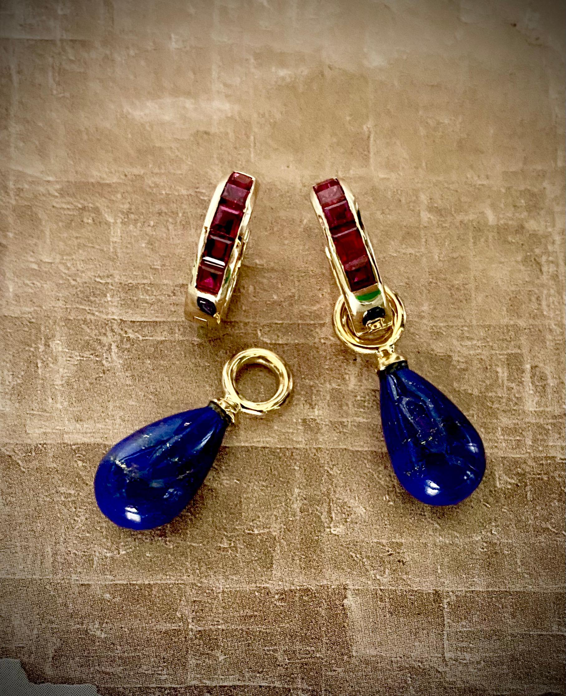 Contemporary Michael Kneebone Lapis Lazuli Ruby Huggie Drop Earrings For Sale