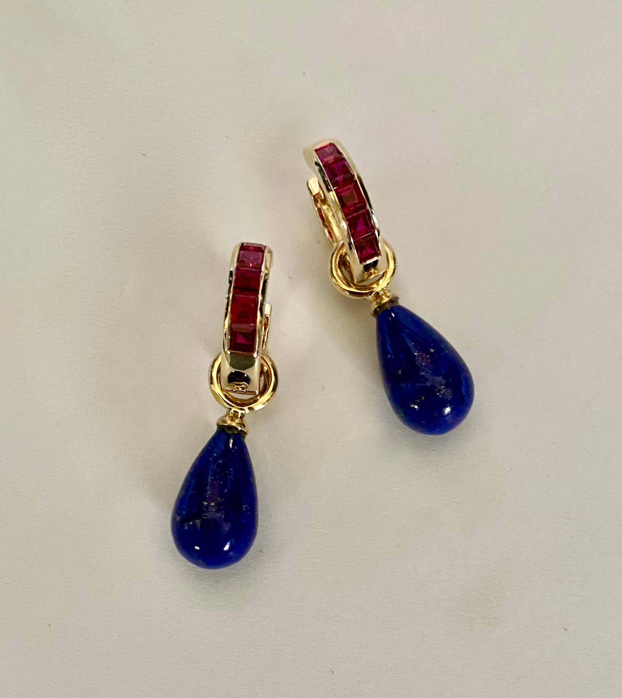 Michael Kneebone Lapis Lazuli Ruby Huggie Drop Earrings In New Condition For Sale In Austin, TX