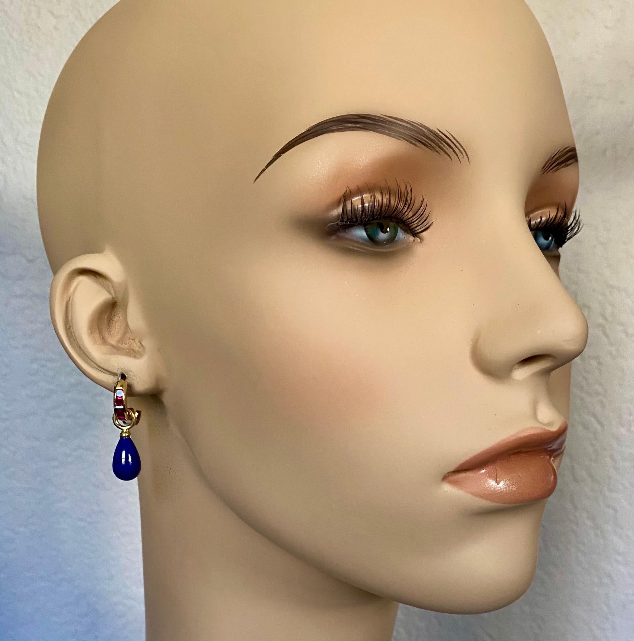 Women's or Men's Michael Kneebone Lapis Lazuli Ruby Huggie Drop Earrings For Sale