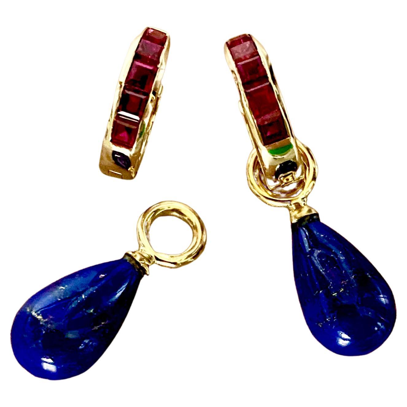 Michael Kneebone Boucles d'oreilles en goutte Huggie en lapis-lazuli et rubis