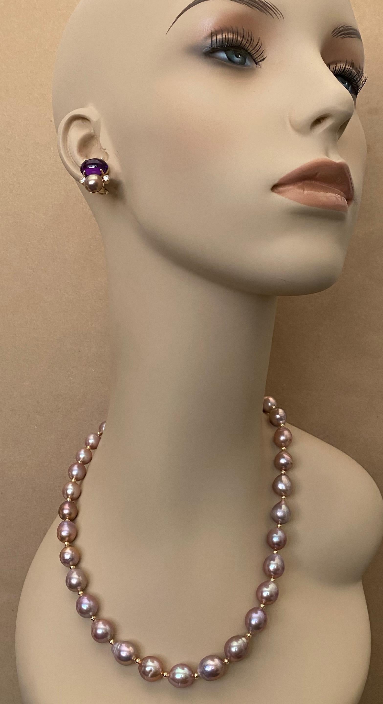 Michael Kneebone Lavender Pearl Necklace Amethyst Diamond Pearl Earring Suite In New Condition In Austin, TX