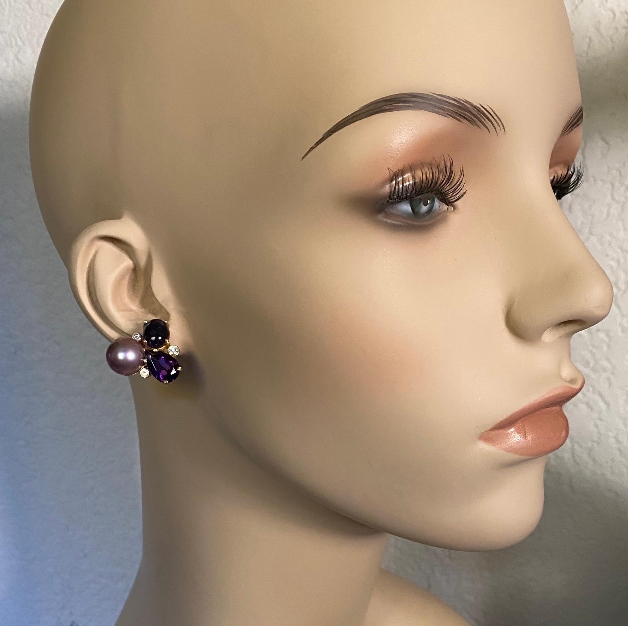 Lavender Tahitian pearls are set with tanzanite and amethyst in these one-of-a-kind 
