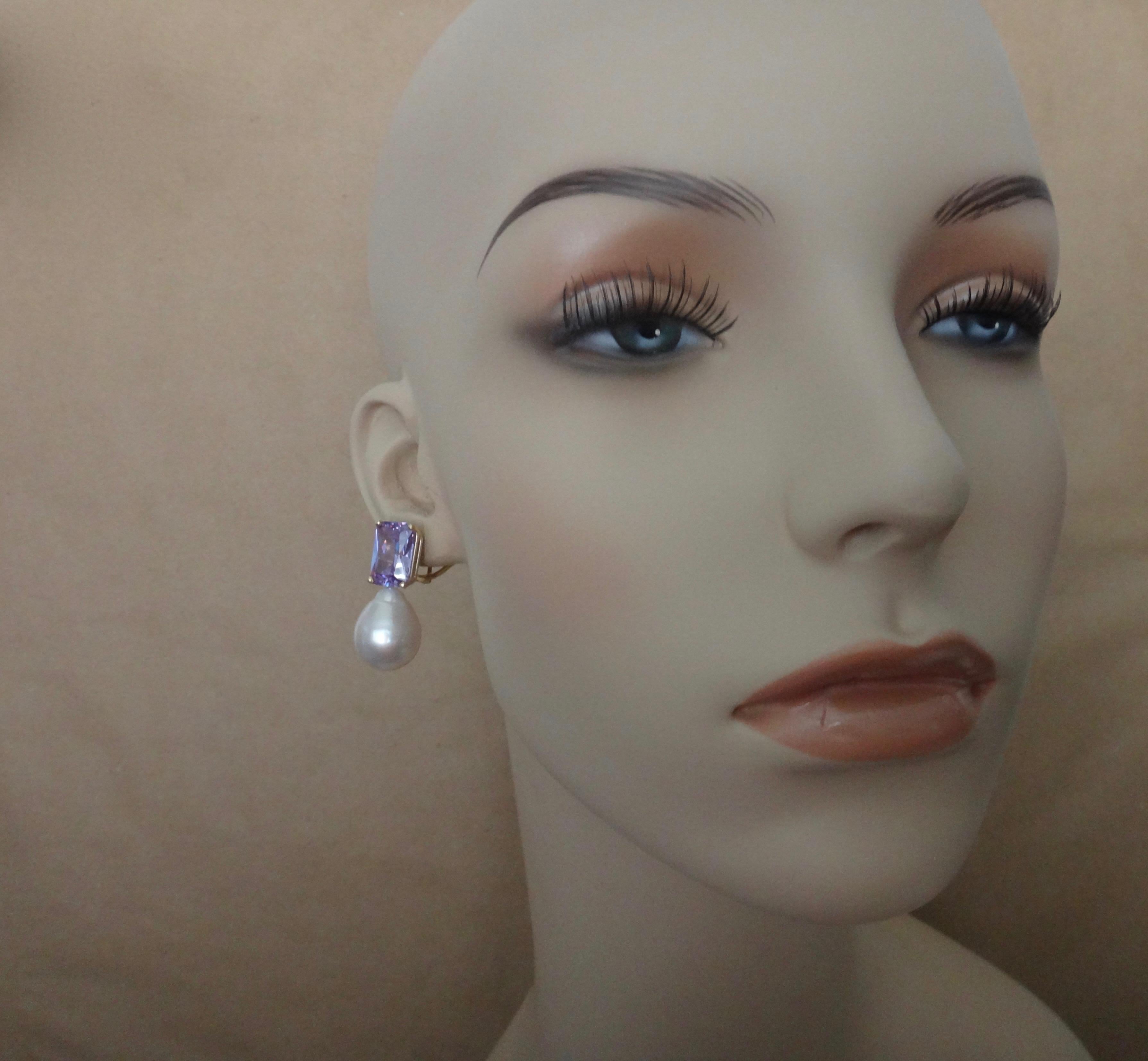 Women's Michael Kneebone Lavender Zircon Paspaley South Seas Pearl Drop Earrings