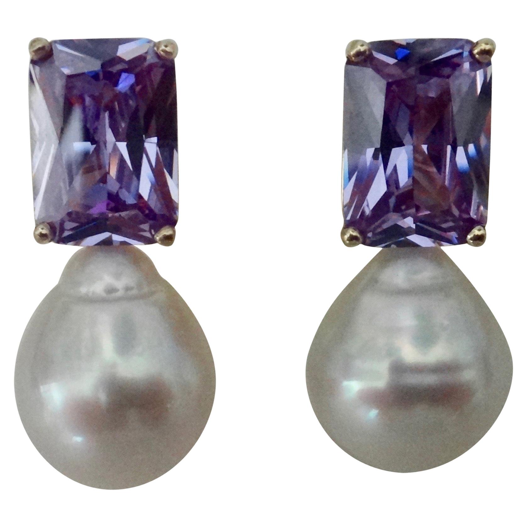 Michael Kneebone Lavender Zircon Paspaley South Seas Pearl Drop Earrings