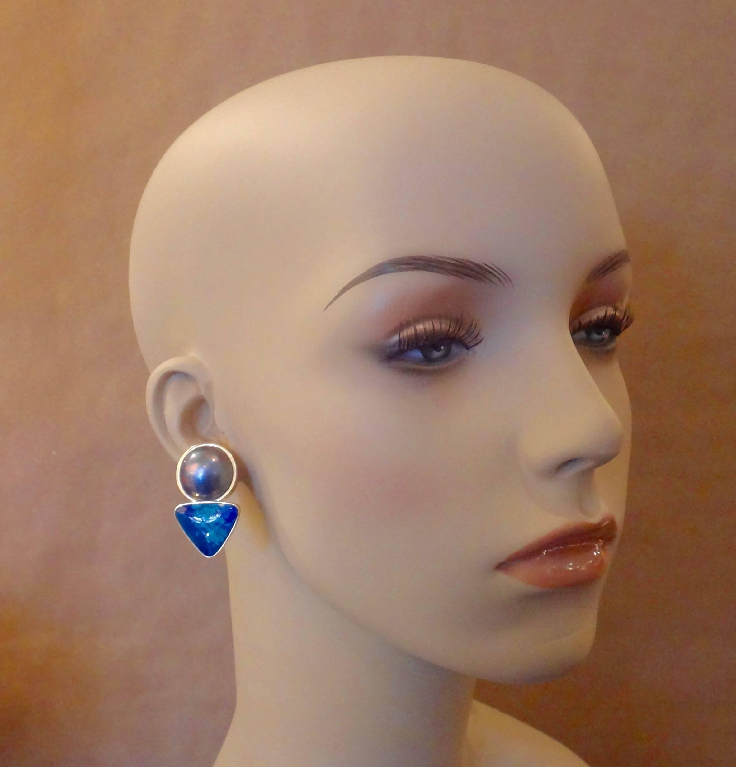 Michael Kneebone Mabe Pearl Chrysocolla Azurite Drop Earrings 1