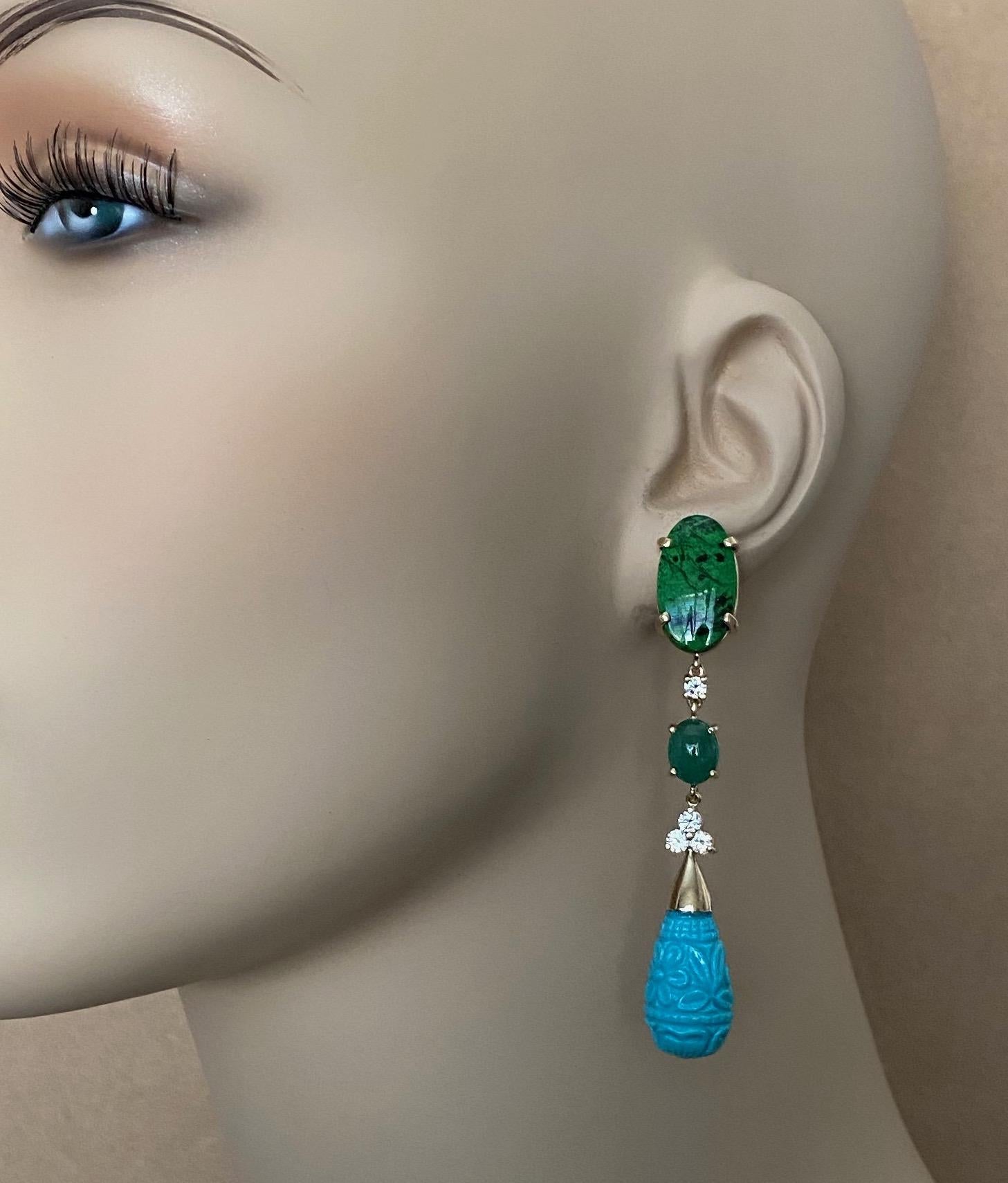 Michael Kneebone Maw Sit Sit Jade Emerald Turquoise Diamond Dangle Earrings For Sale 5