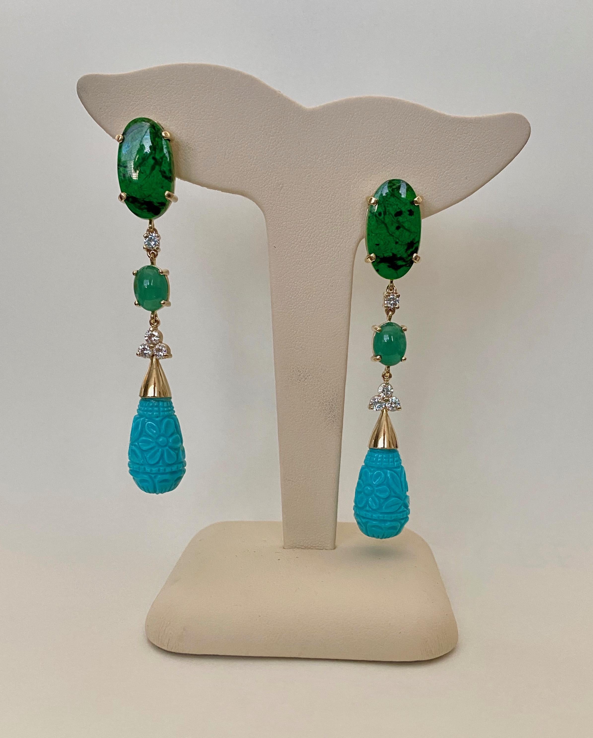 Michael Kneebone Maw Sit Sit Jade Emerald Turquoise Diamond Dangle Earrings For Sale 7