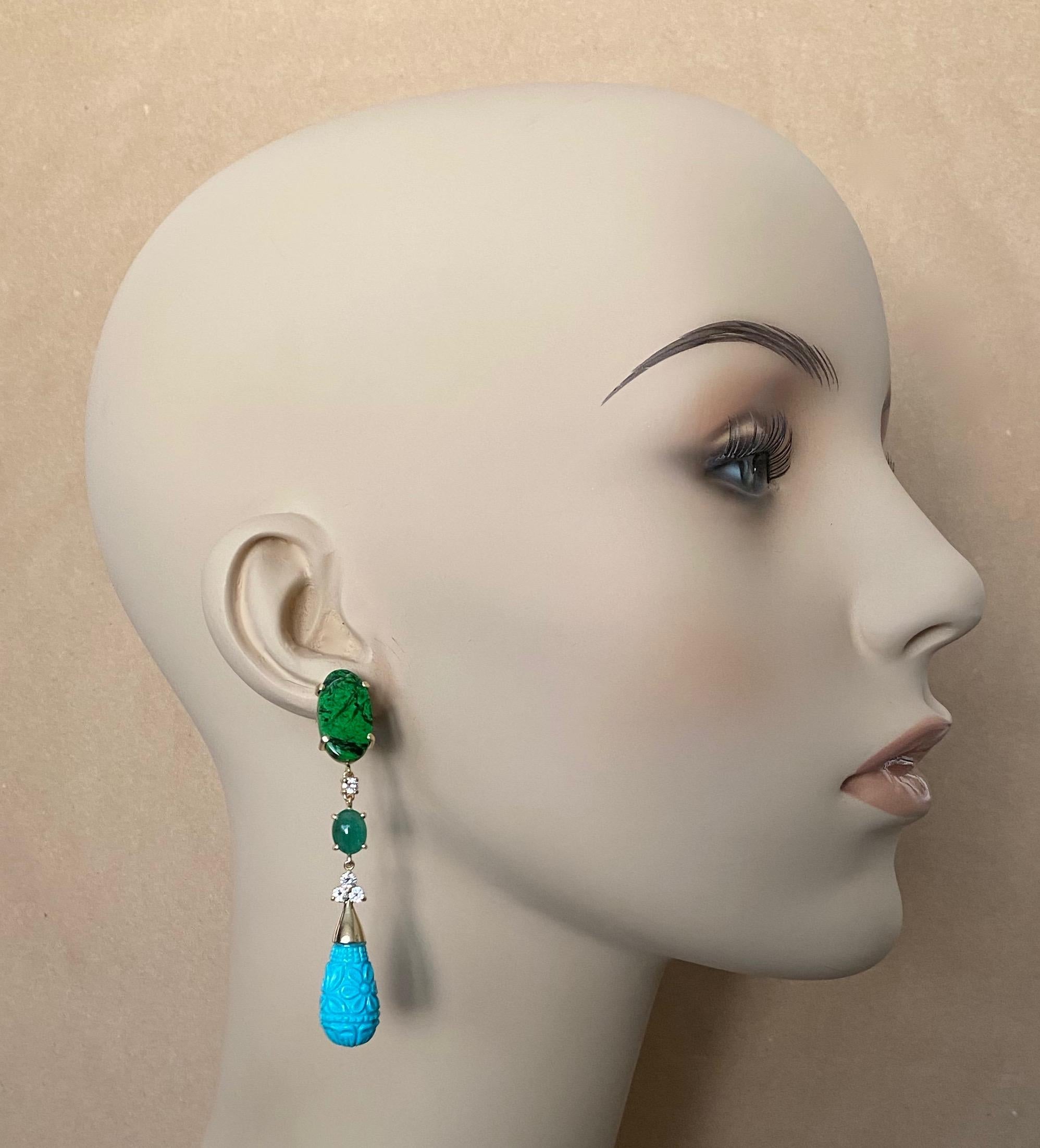 Contemporary Michael Kneebone Maw Sit Sit Jade Emerald Turquoise Diamond Dangle Earrings For Sale