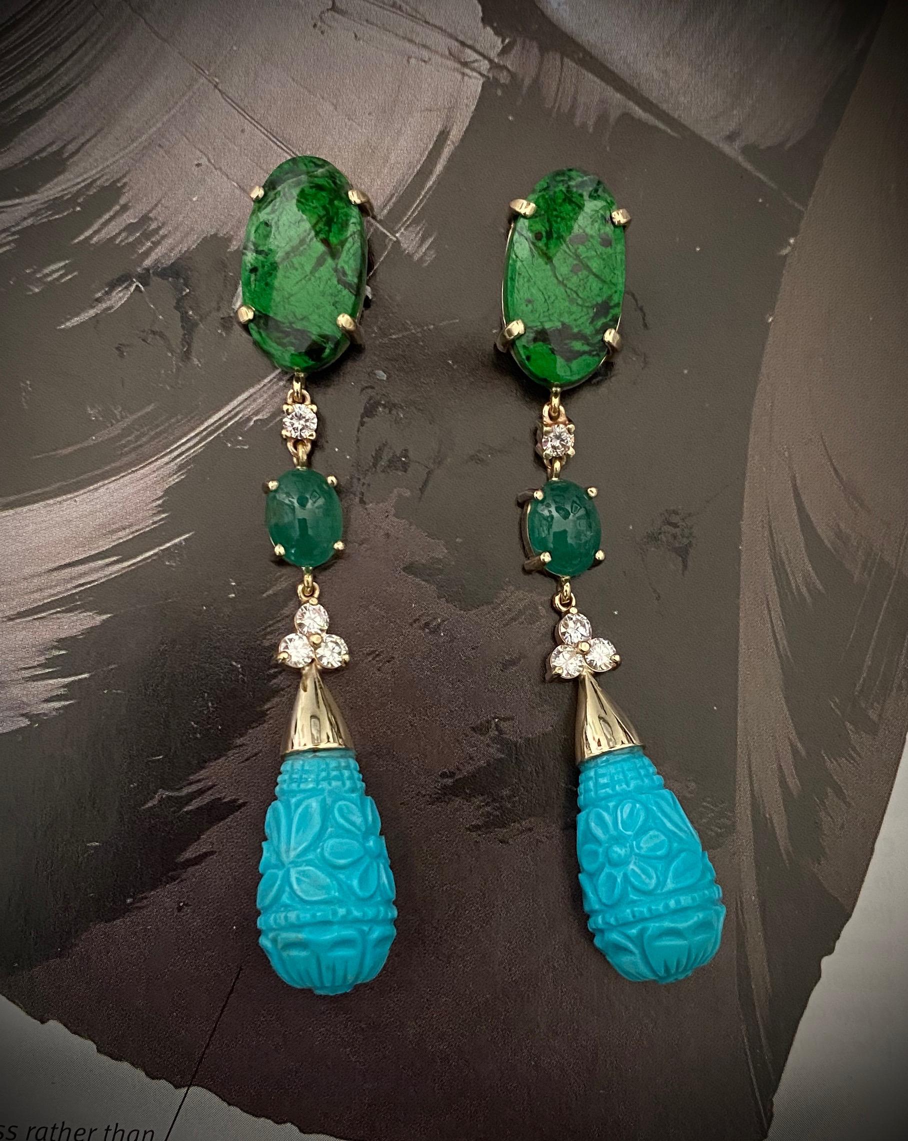 Mixed Cut Michael Kneebone Maw Sit Sit Jade Emerald Turquoise Diamond Dangle Earrings For Sale