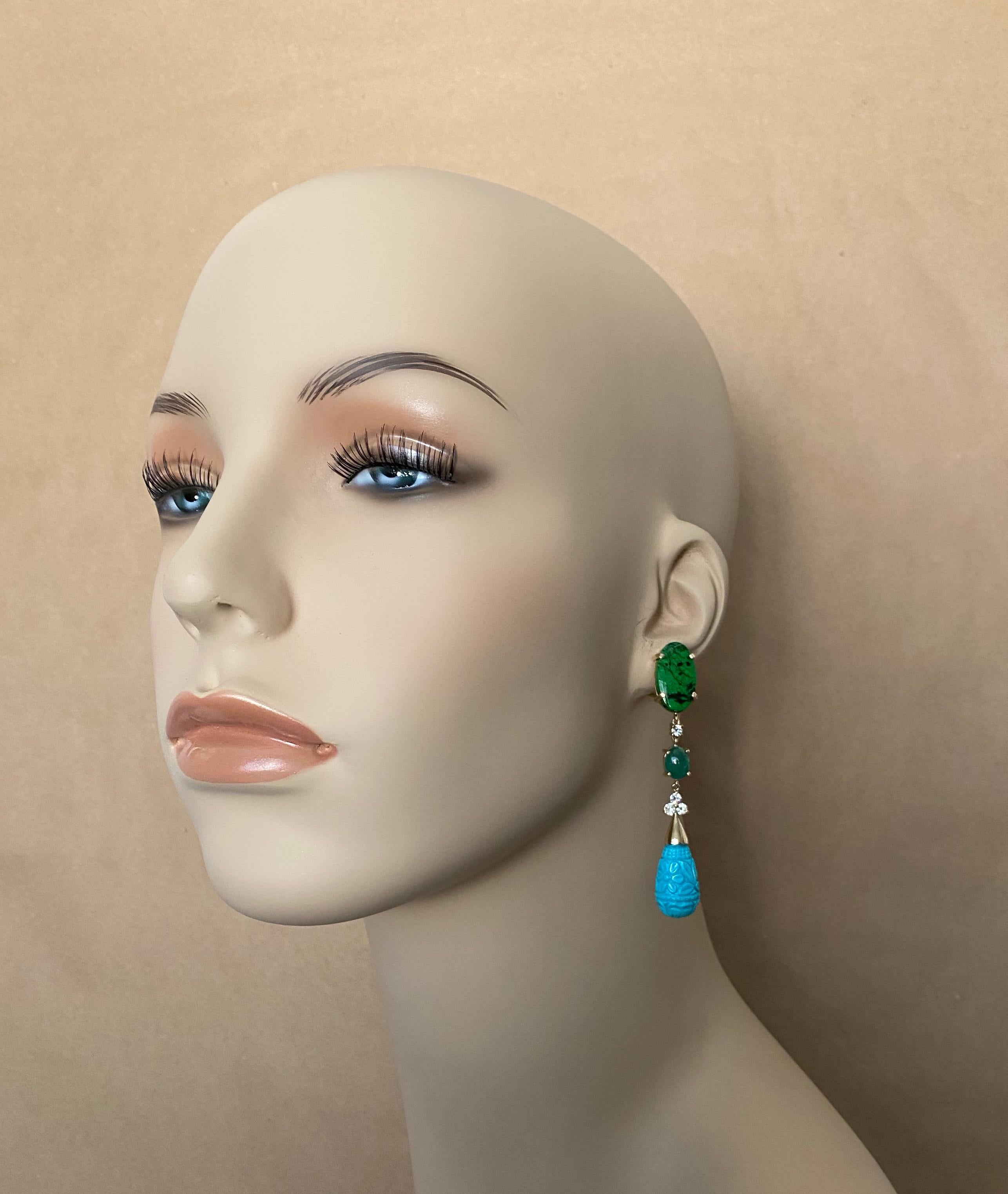 Michael Kneebone Maw Sit Sit Jade Emerald Turquoise Diamond Dangle Earrings In New Condition For Sale In Austin, TX