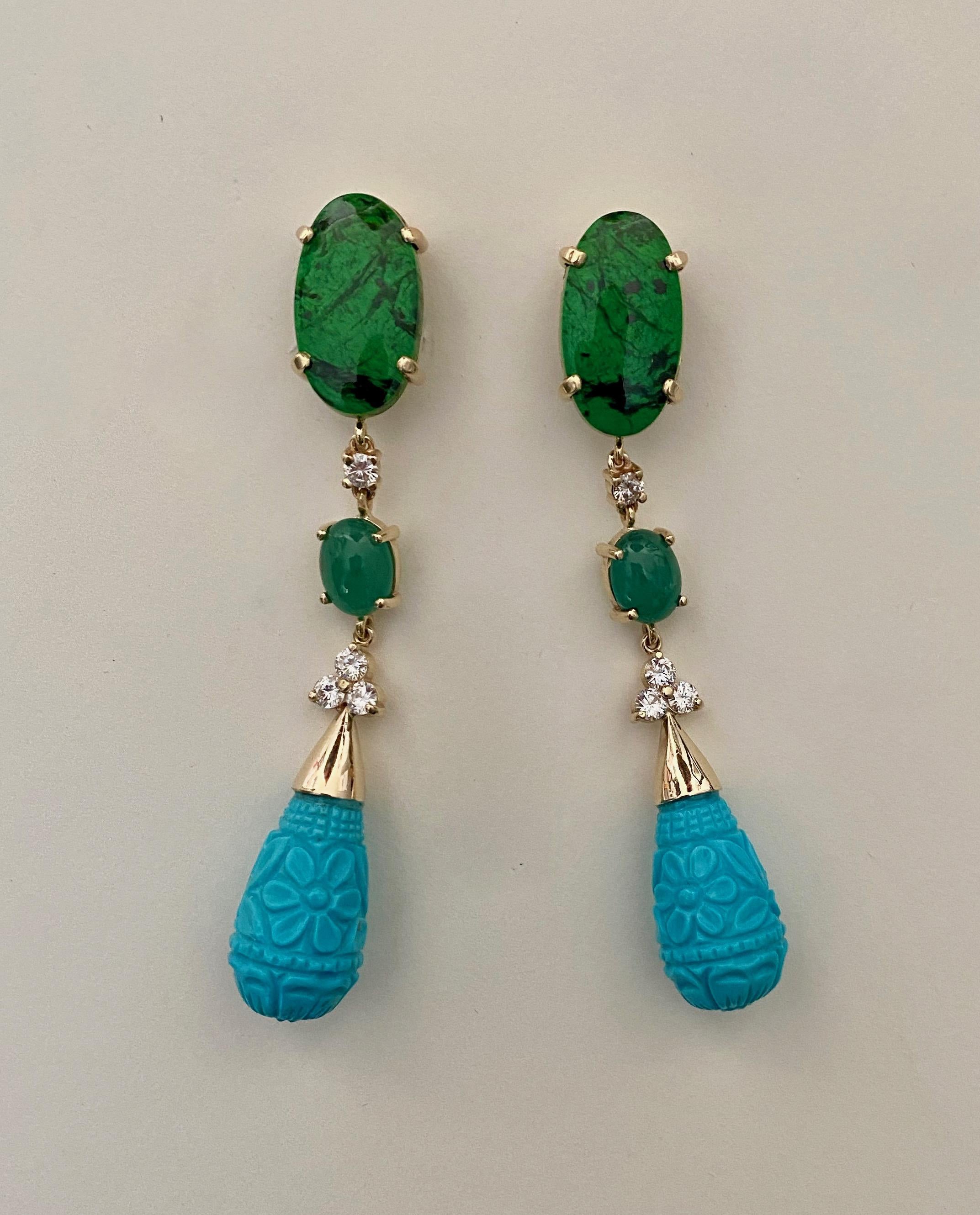 Women's Michael Kneebone Maw Sit Sit Jade Emerald Turquoise Diamond Dangle Earrings For Sale