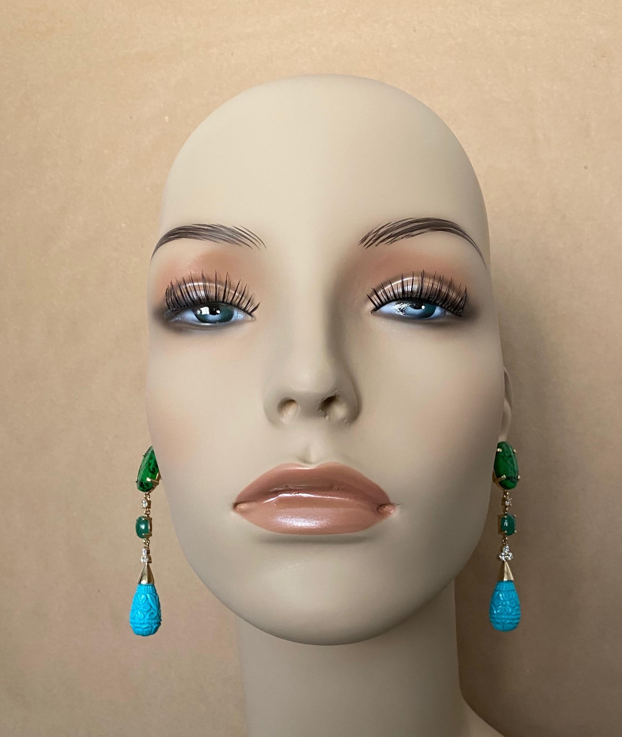 Michael Kneebone Maw Sit Sit Jade Emerald Turquoise Diamond Dangle Earrings For Sale 1