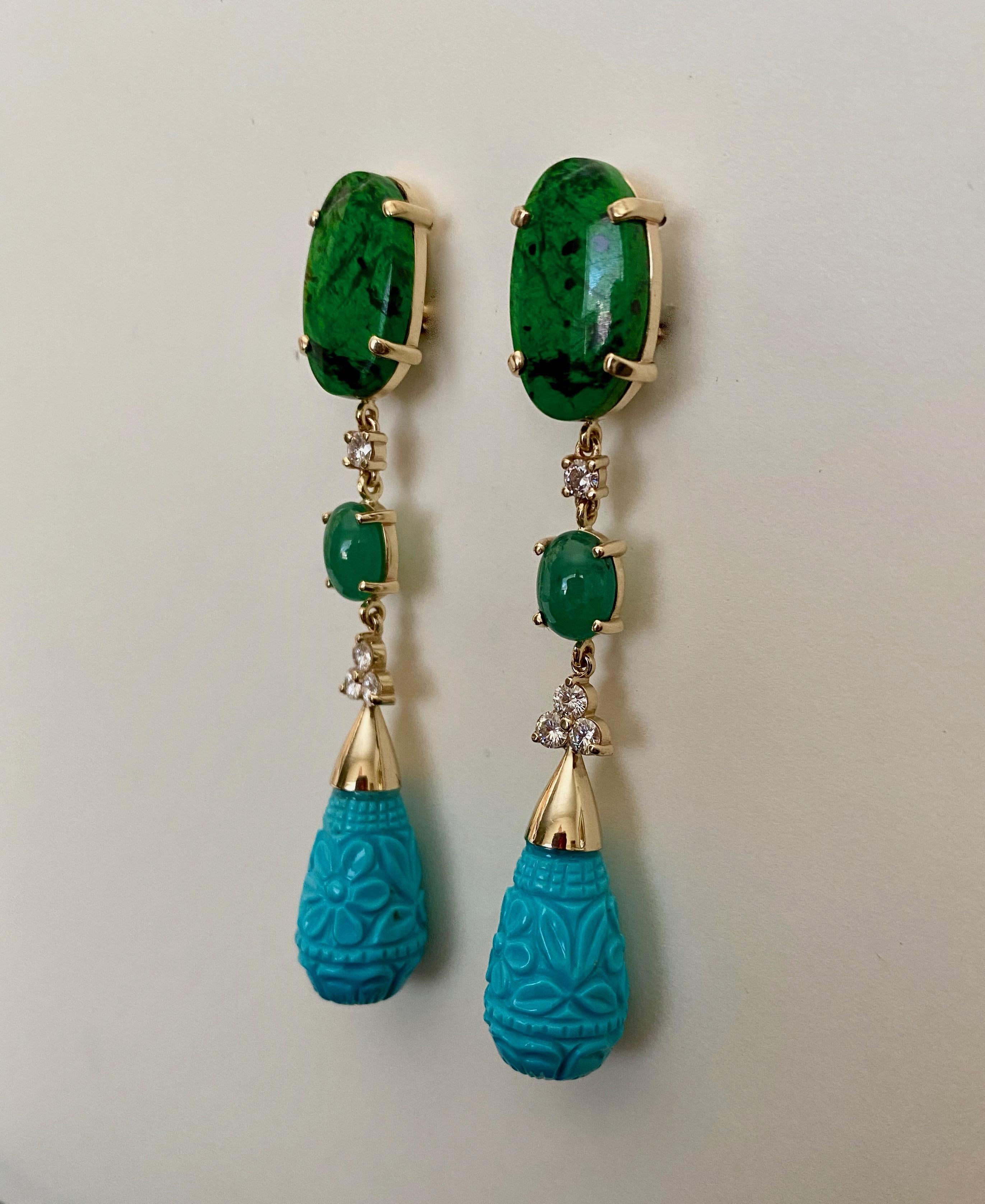 Michael Kneebone Maw Sit Sit Jade Emerald Turquoise Diamond Dangle Earrings For Sale 2