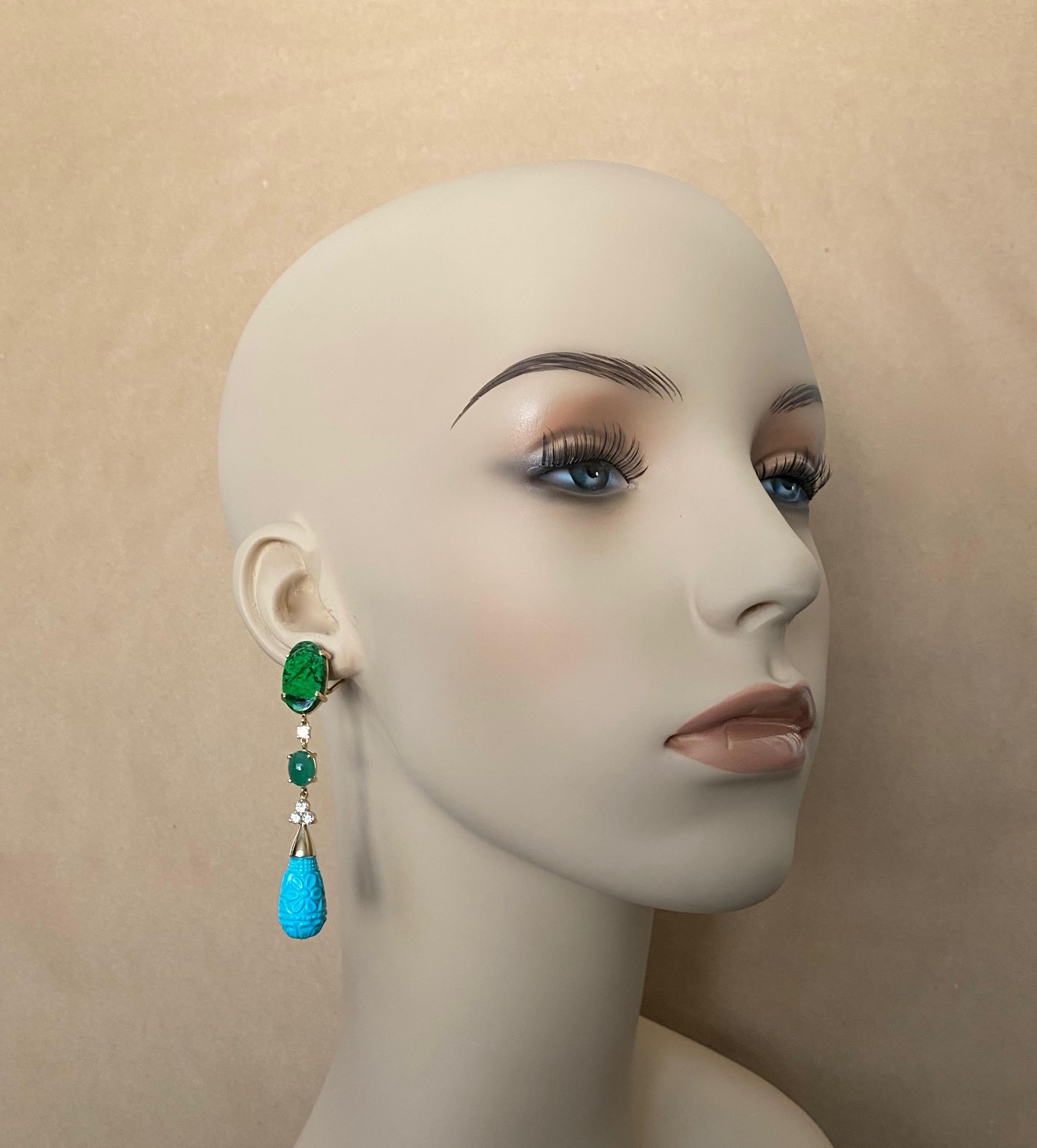 Michael Kneebone Maw Sit Sit Jade Emerald Turquoise Diamond Dangle Earrings For Sale 3