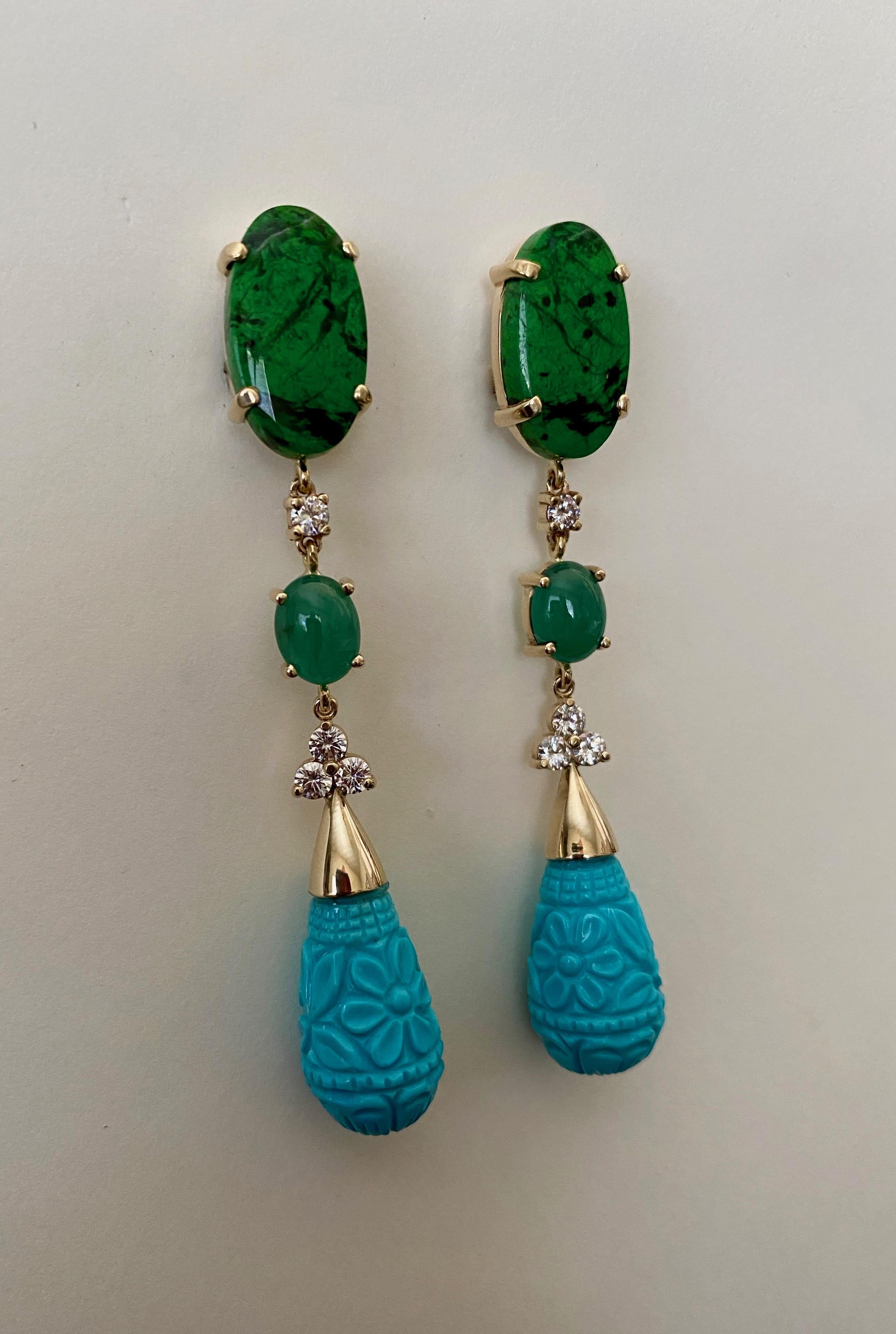 Michael Kneebone Maw Sit Sit Jade Emerald Turquoise Diamond Dangle Earrings For Sale 4