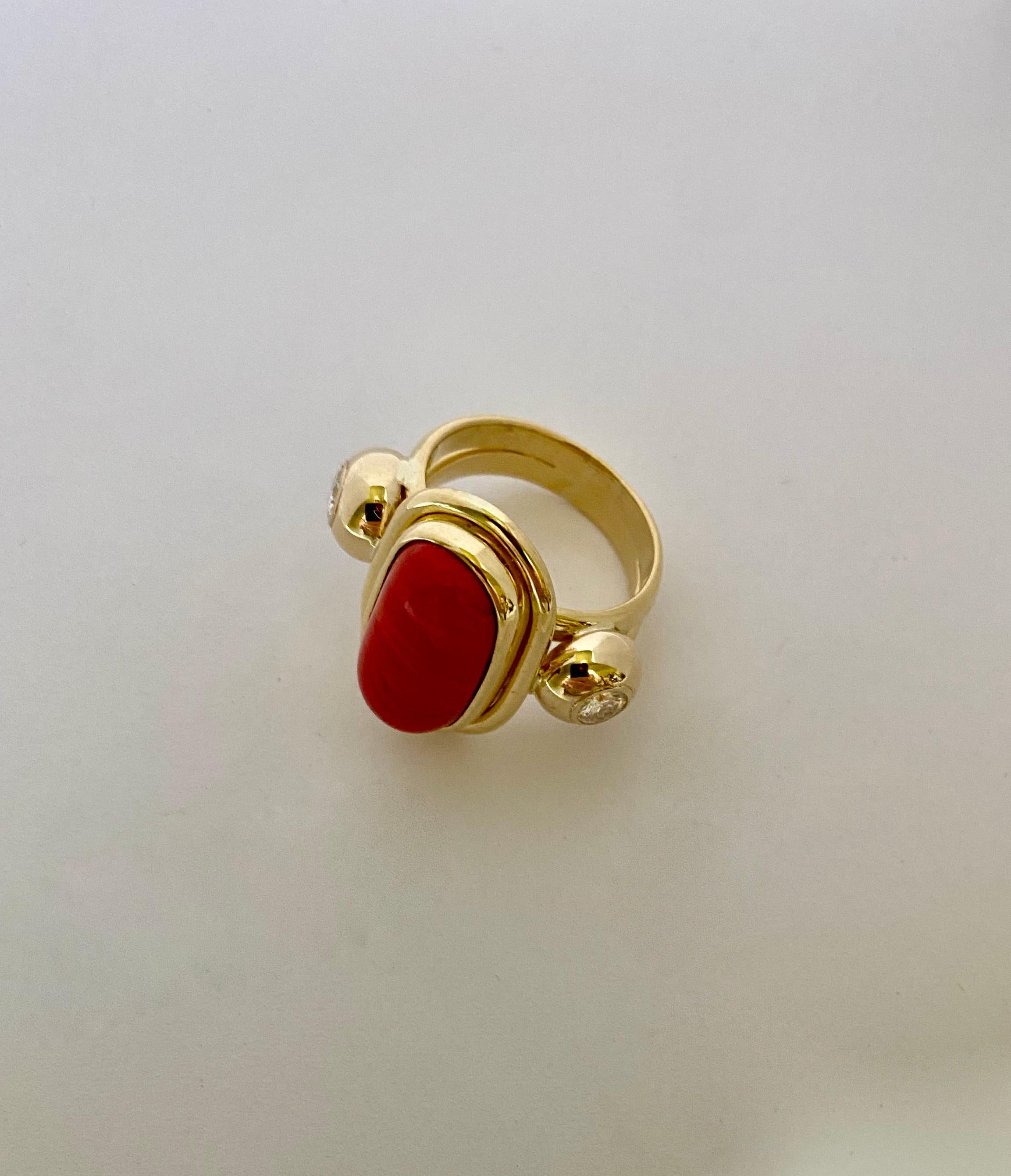 Michael Kneebone Mediterranean Red Coral Diamond Archaic Style Ring For Sale 2