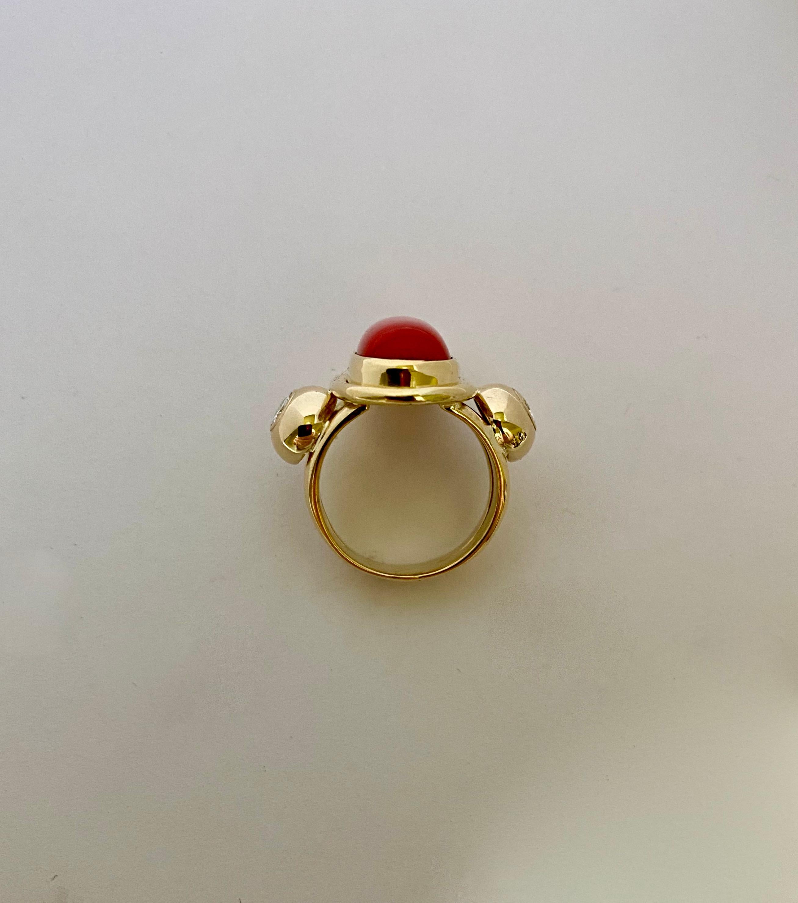 Cabochon Michael Kneebone Mediterranean Red Coral Diamond Archaic Style Ring For Sale