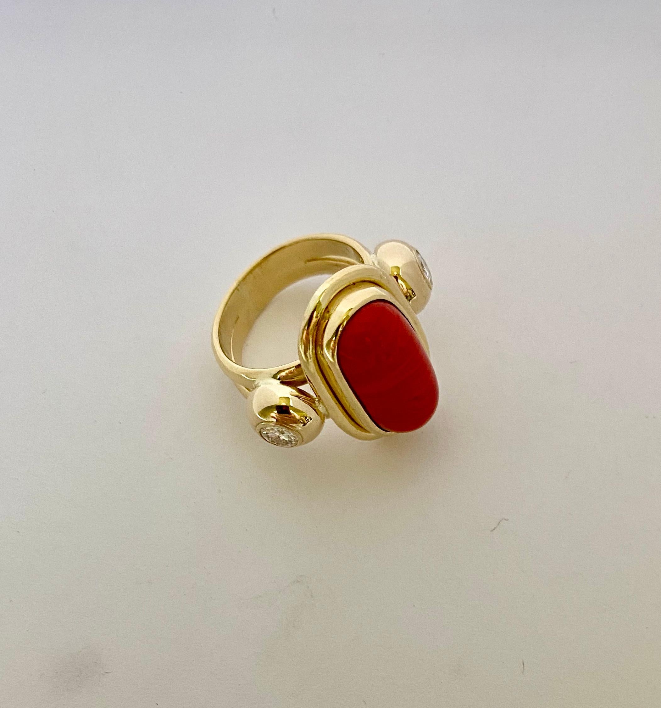 Women's or Men's Michael Kneebone Mediterranean Red Coral Diamond Archaic Style Ring For Sale