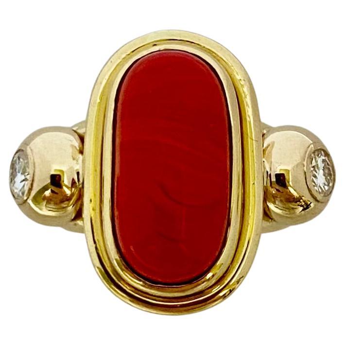 Michael Kneebone Mediterranean Red Coral Diamond Archaic Style Ring For Sale