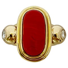 Michael Kneebone Mediterranean Red Coral Diamond Archaic Style Ring