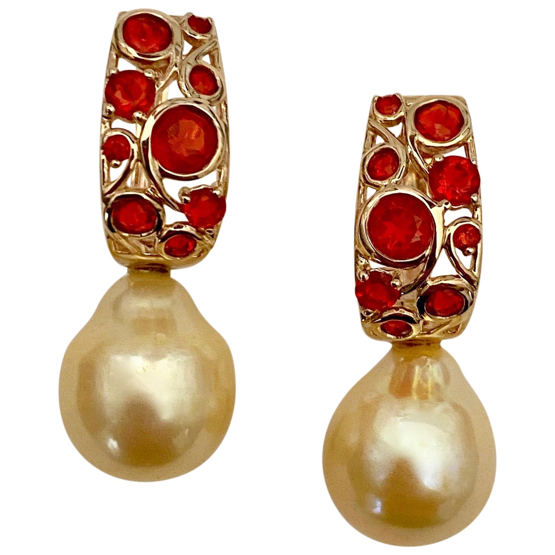 Michael Kneebone Mexican Fire Opal Golden South Seas Pearl Drop Earrings