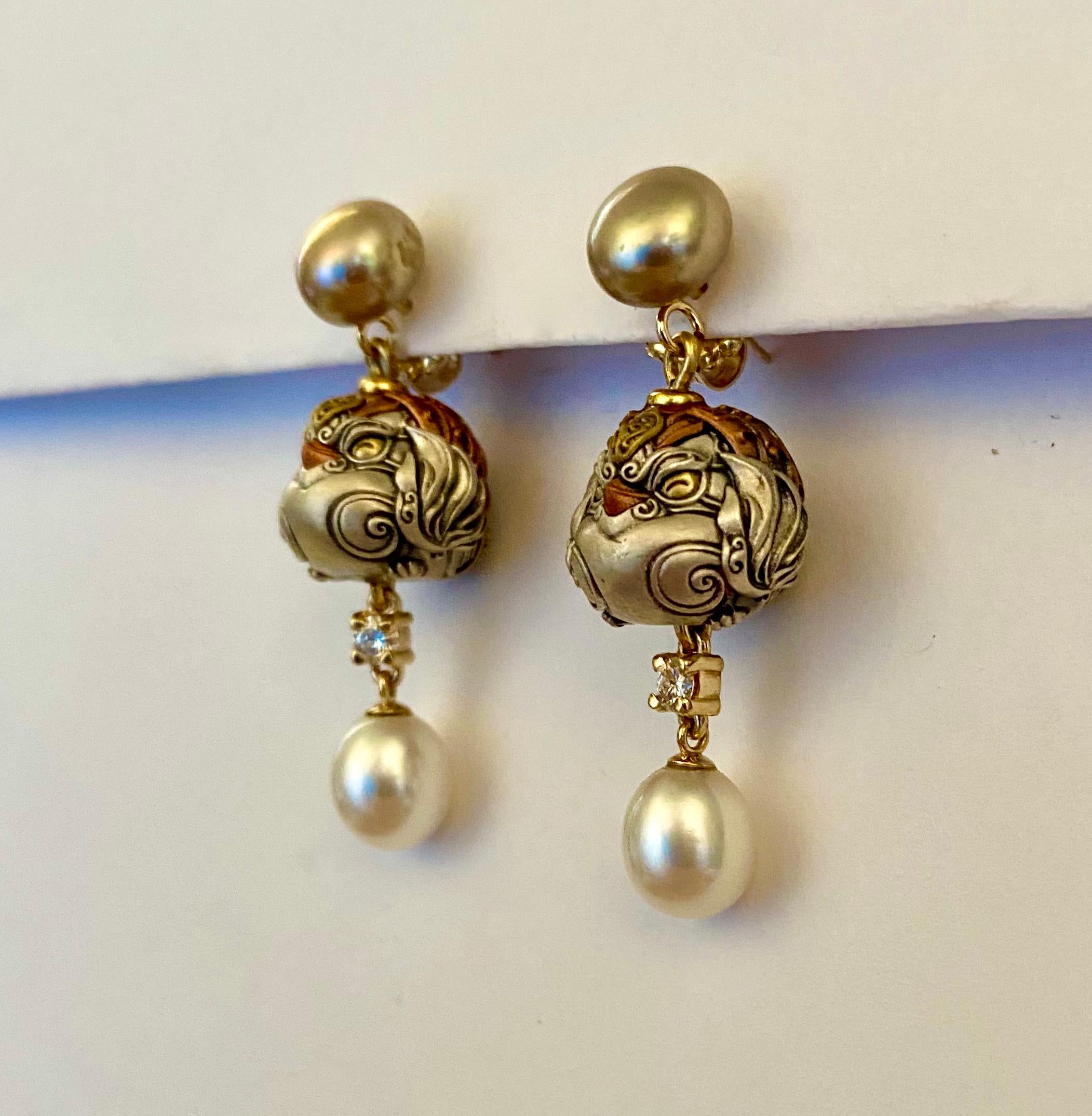 Contemporary Michael Kneebone Mixed Metal Ojime Bead Dangle Earrings For Sale