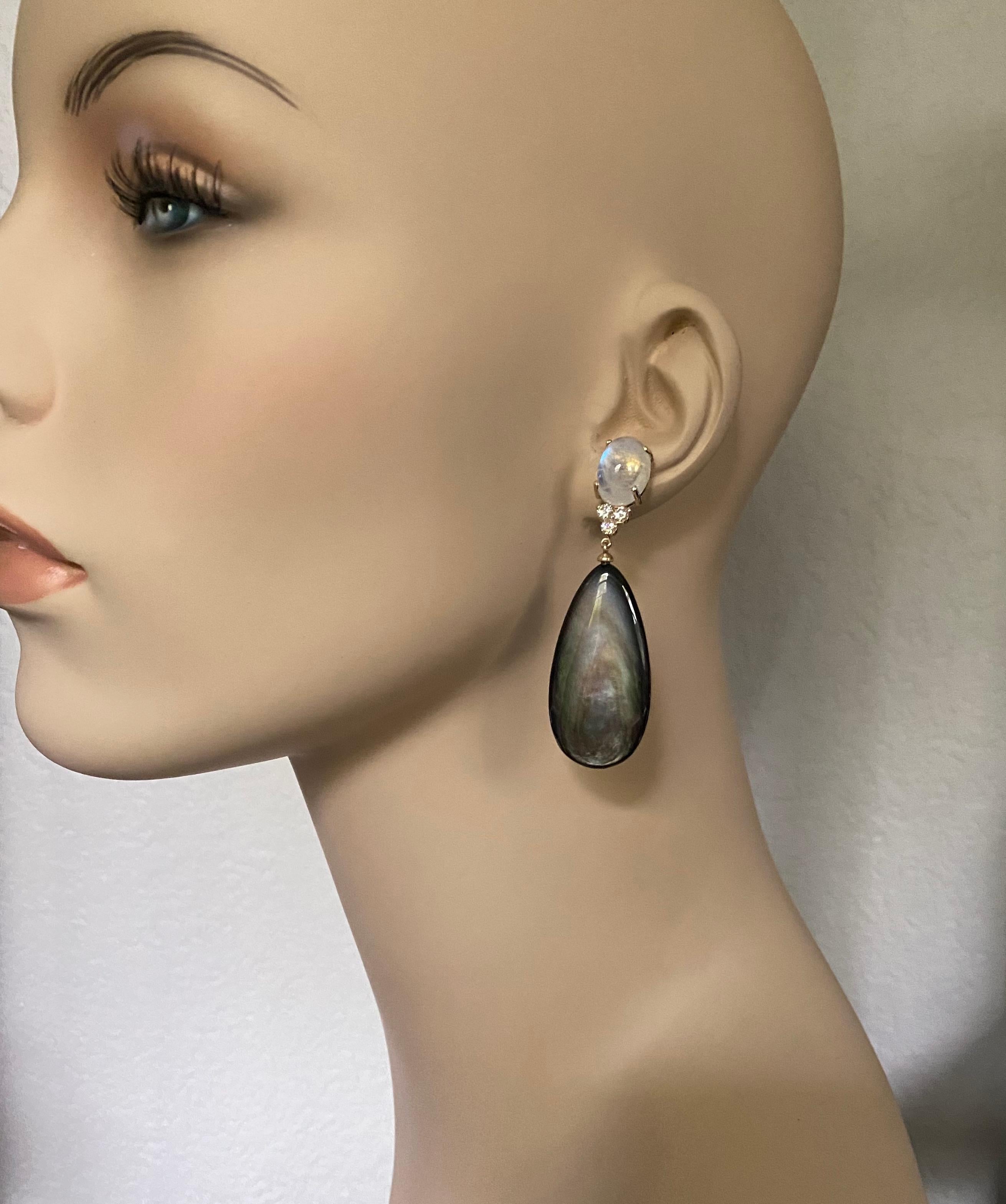 Michael Kneebone Moonstone Diamond Black Mother of Pearl Dangle Earrings For Sale 3