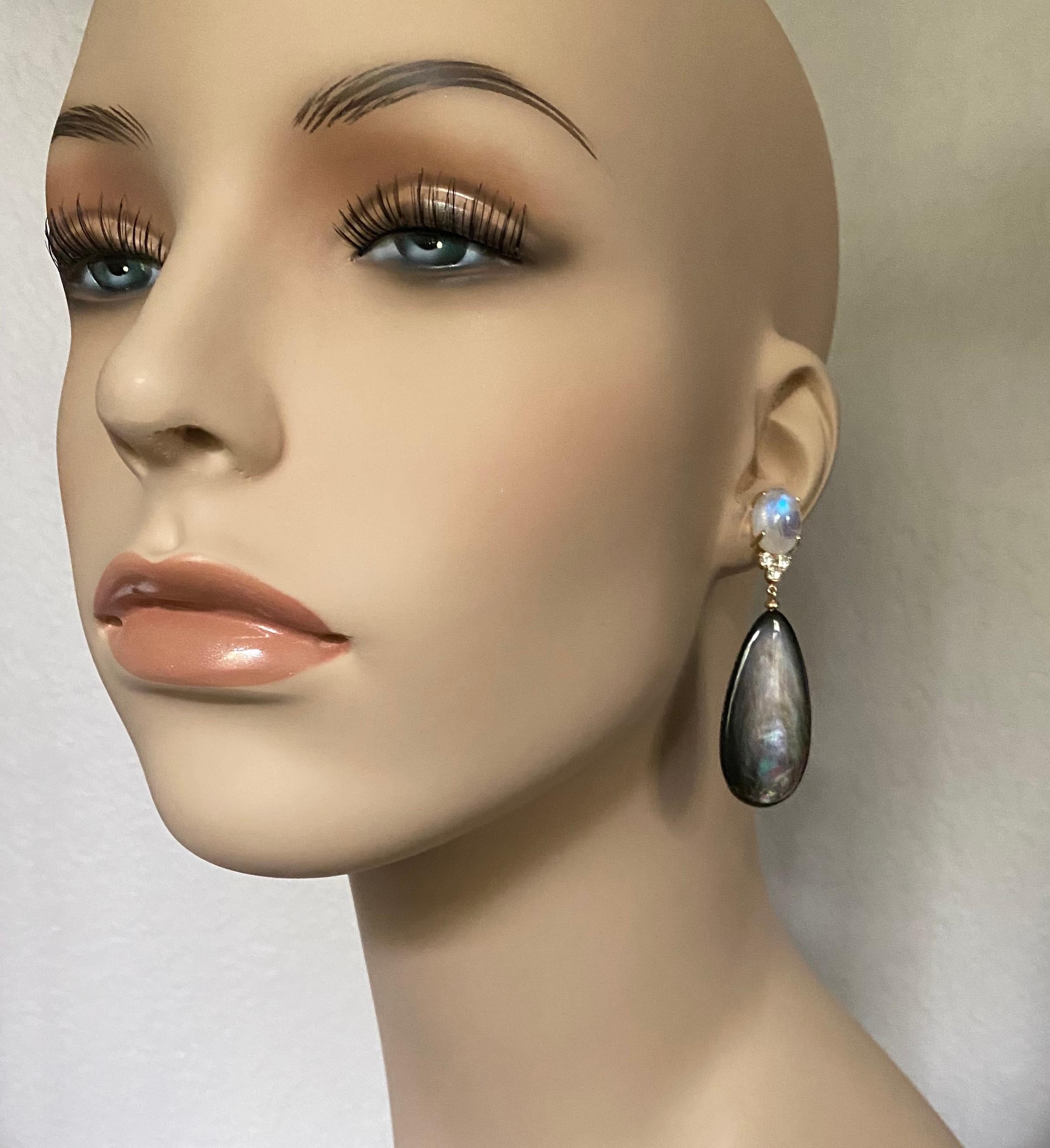 Contemporary Michael Kneebone Moonstone Diamond Black Mother of Pearl Dangle Earrings For Sale