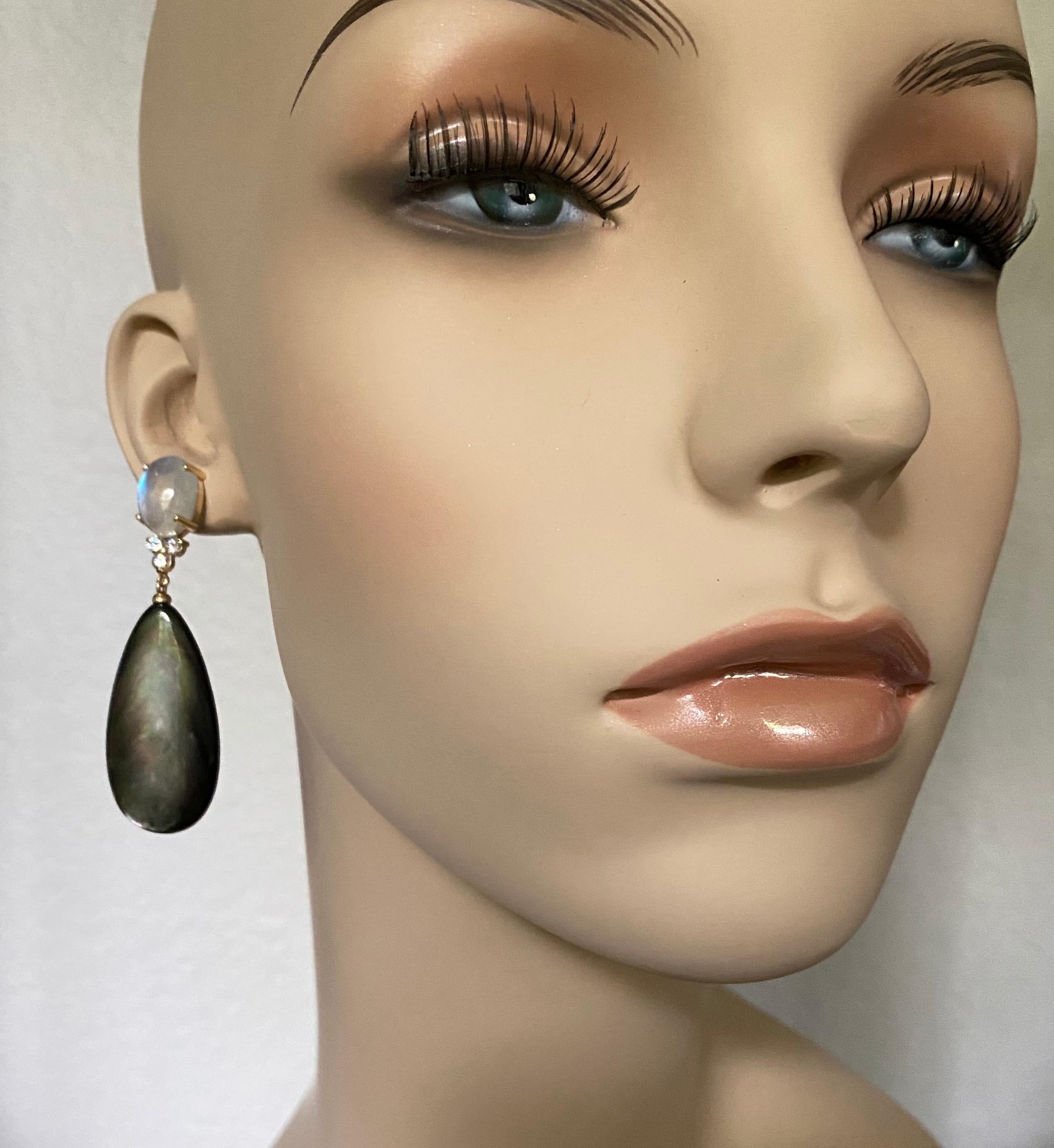 Michael Kneebone Moonstone Diamond Black Mother of Pearl Dangle Earrings For Sale 1