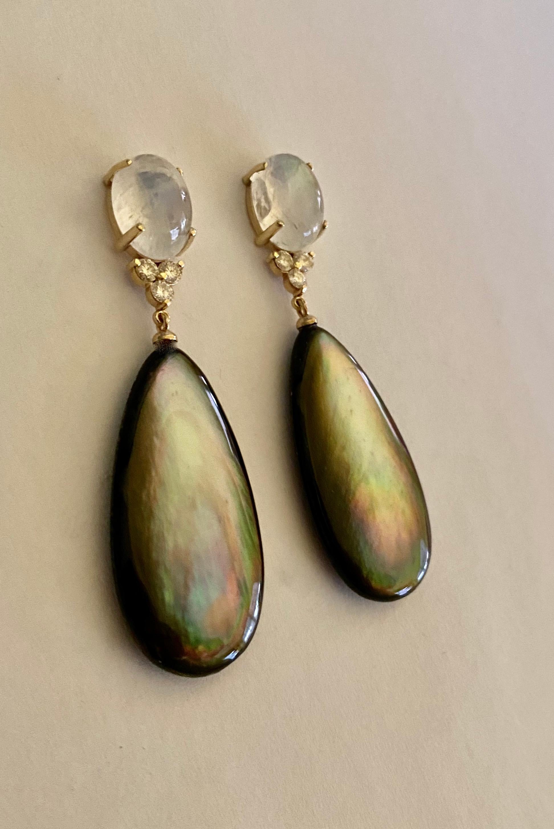 Michael Kneebone Moonstone Diamond Black Mother of Pearl Dangle Earrings For Sale 2
