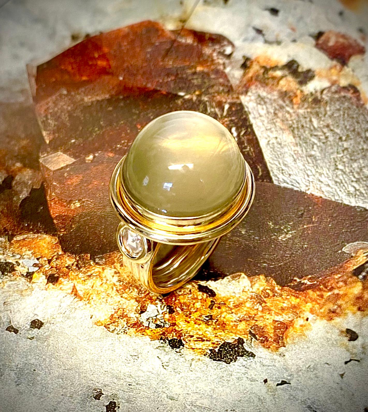 Michael Kneebone Moonstone Rose Cut Diamond Archaic Style Cocktail Ring For Sale 1